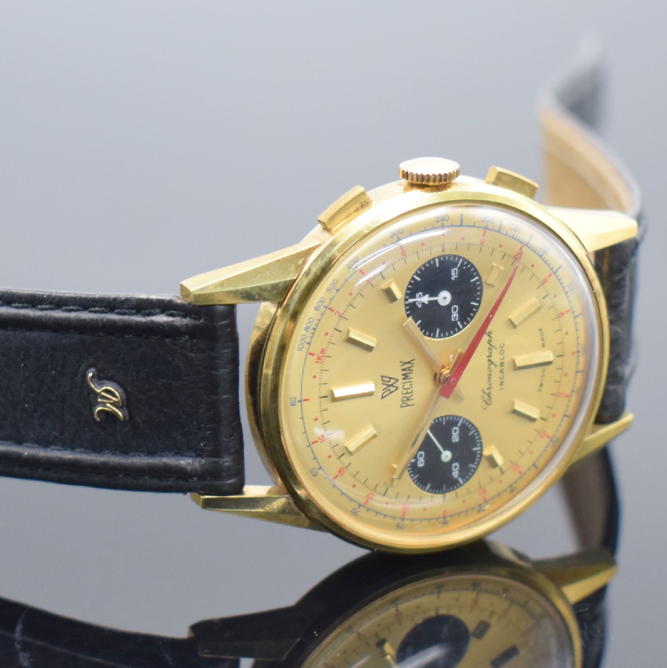 Detail c: PRECIMAX Armbandchronograph, Schweiz um 1968, Handaufzug, verg. Gehäuse, Edelstahlboden aufgedr., gold. Zifferbl. m. aufges. Std.-Ind., gold. ...