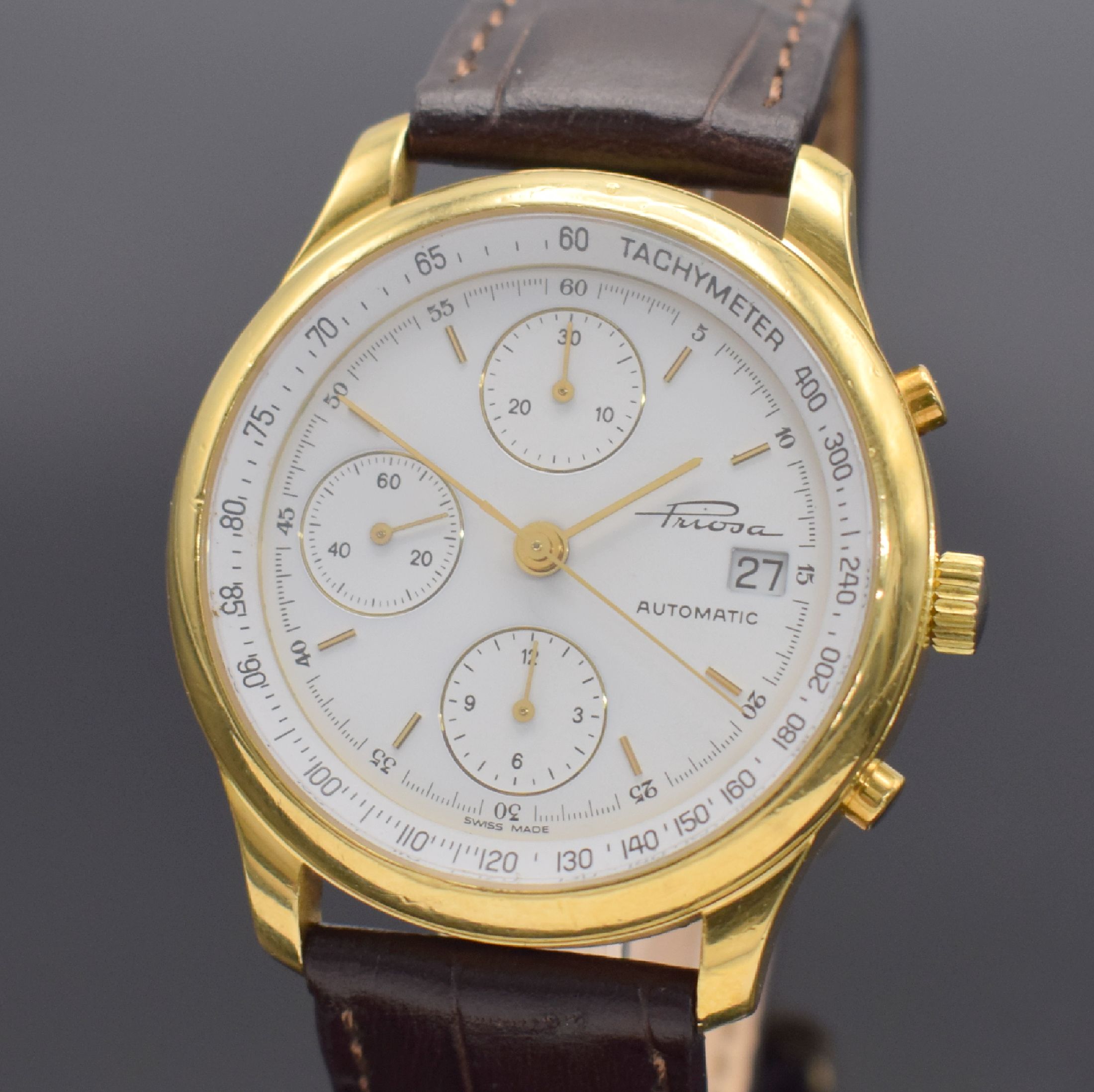 Detail a: PRIOSA Armbandchronograph in GG 750/000, Schweiz 1990er Jahre, Automatik, beids. vergl., Boden 8-fach verschr., emailfarb. Zifferbl., Anz. v. Std., ...