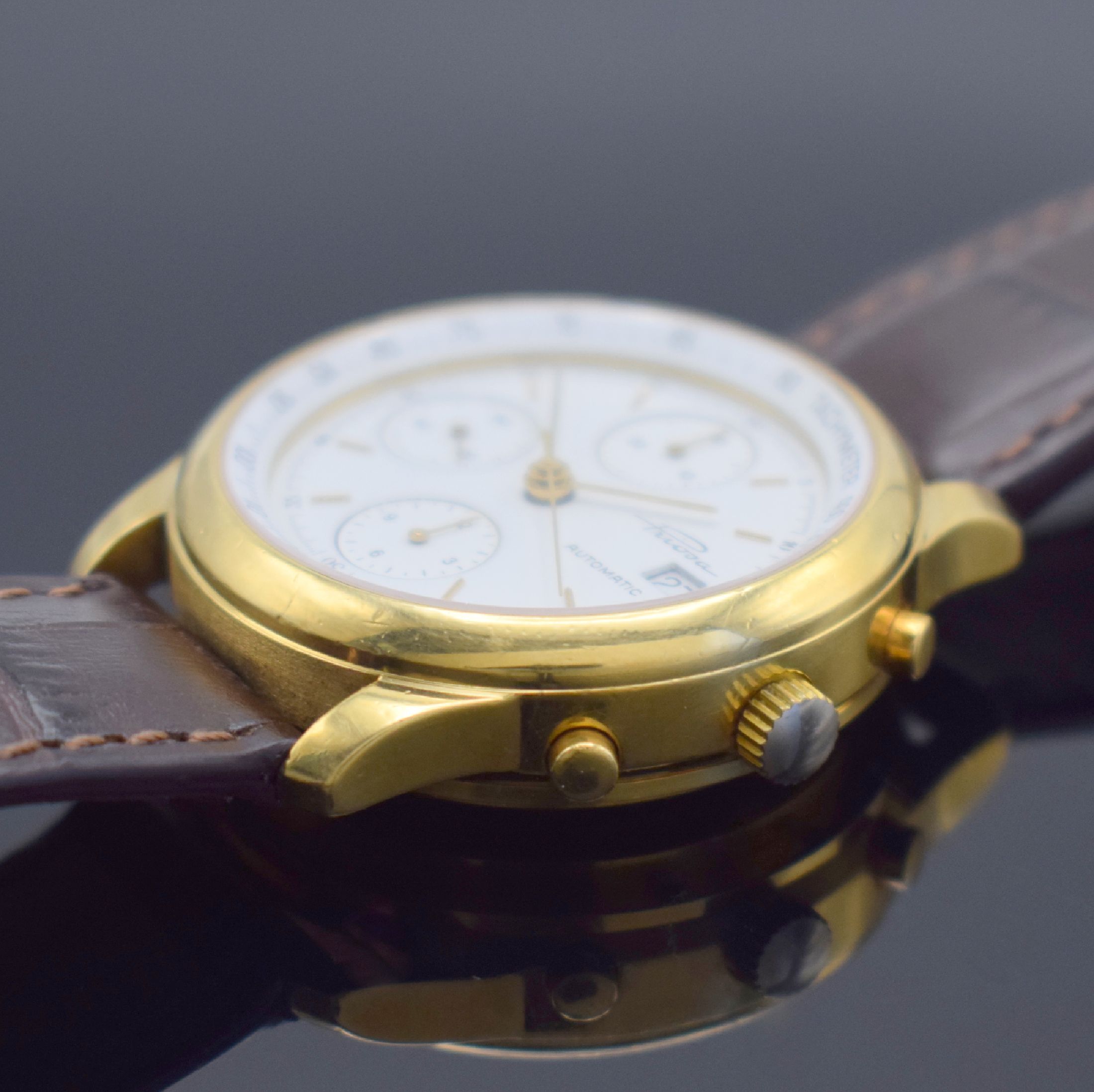 Detail b: PRIOSA Armbandchronograph in GG 750/000, Schweiz 1990er Jahre, Automatik, beids. vergl., Boden 8-fach verschr., emailfarb. Zifferbl., Anz. v. Std., ...