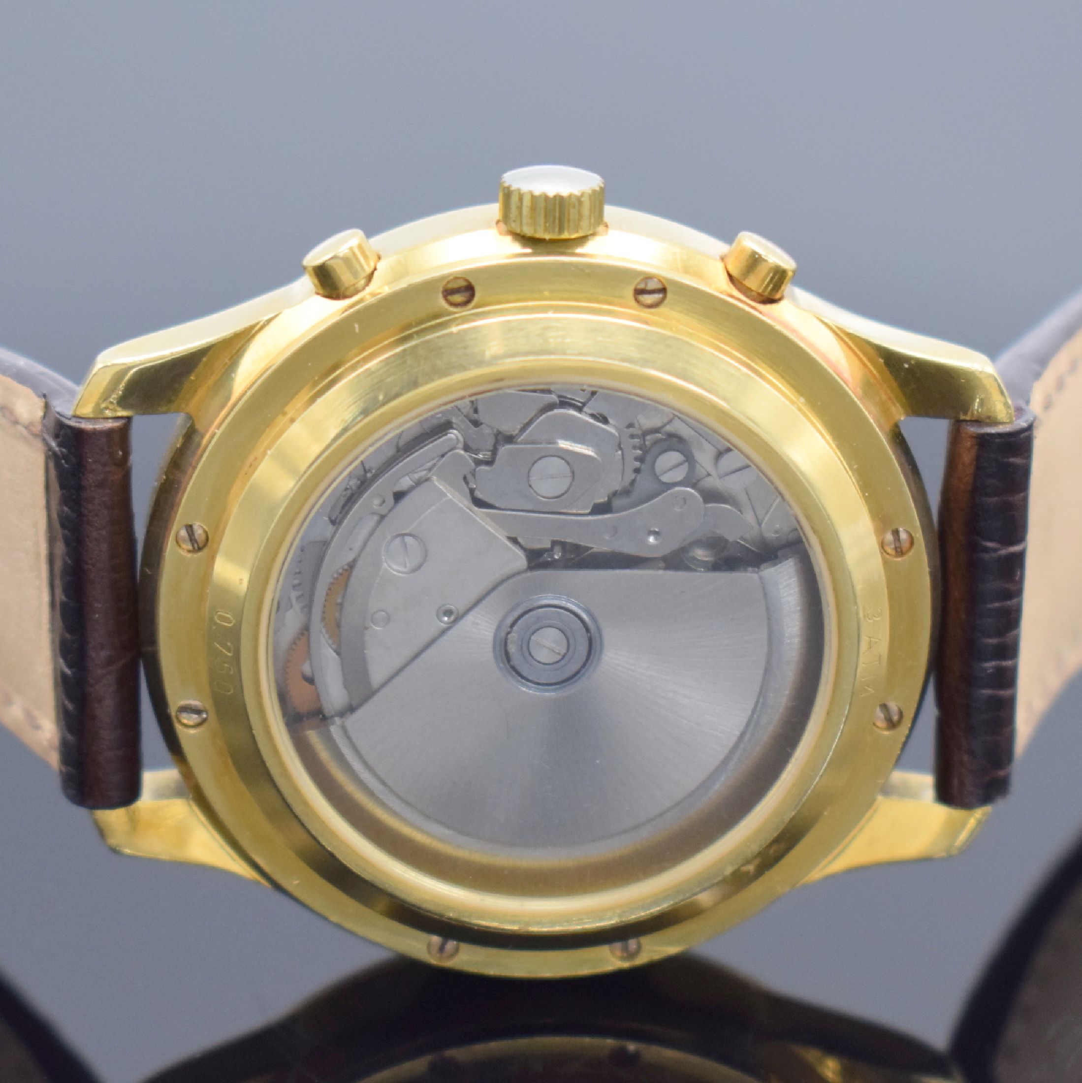 Detail c: PRIOSA Armbandchronograph in GG 750/000, Schweiz 1990er Jahre, Automatik, beids. vergl., Boden 8-fach verschr., emailfarb. Zifferbl., Anz. v. Std., ...