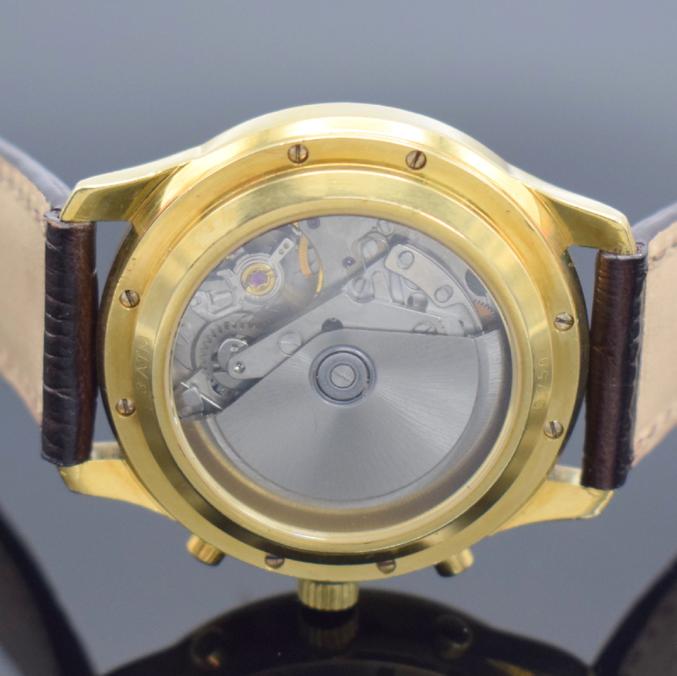 Detail d: PRIOSA Armbandchronograph in GG 750/000, Schweiz 1990er Jahre, Automatik, beids. vergl., Boden 8-fach verschr., emailfarb. Zifferbl., Anz. v. Std., ...