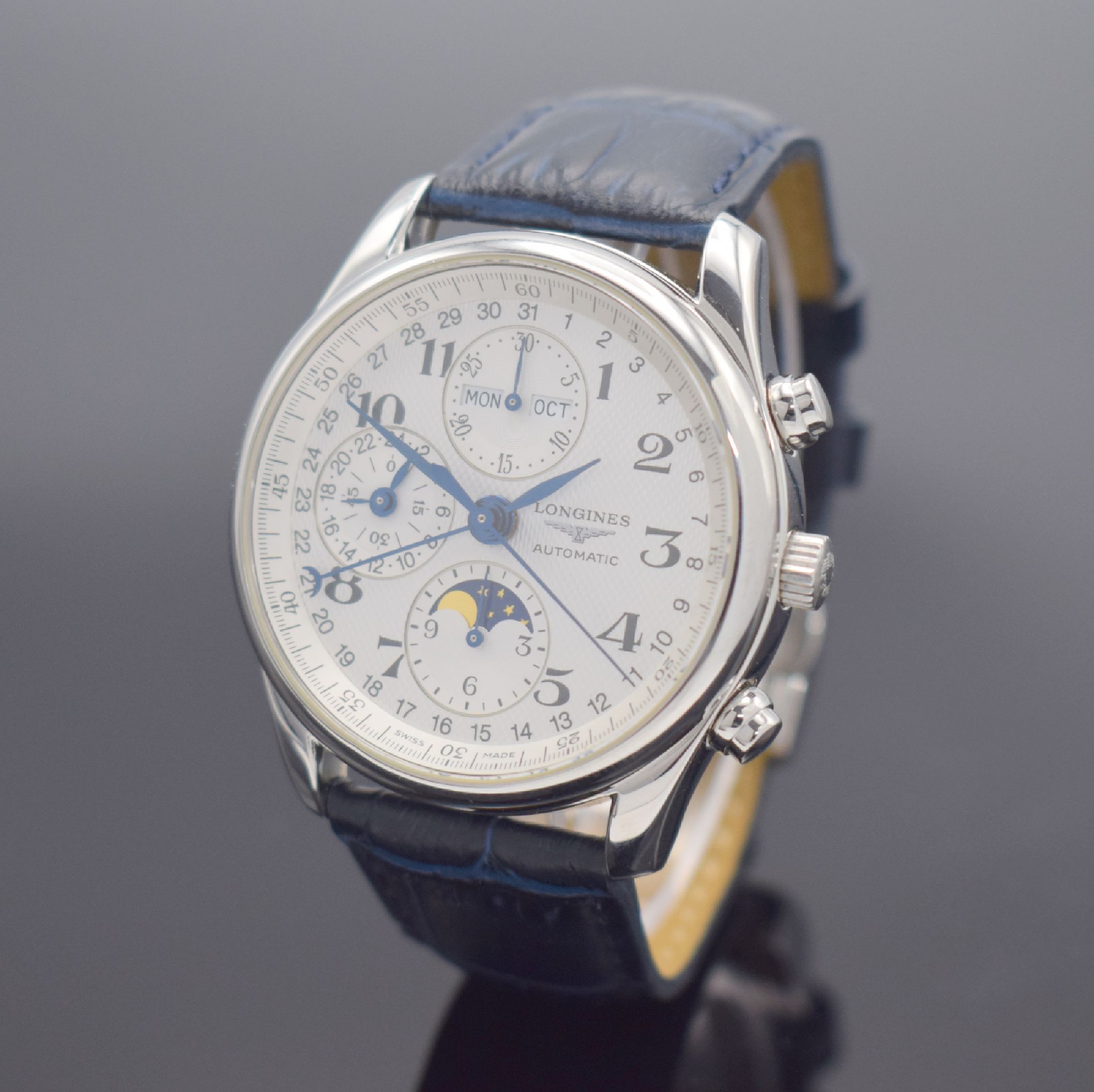 LONGINES Armbandchronograph aus der "Master Collection", Automatik, Schweiz um 2005, mit Vollkalenderanzeige inkl. Mondphase, Edelstahlgeh. ...