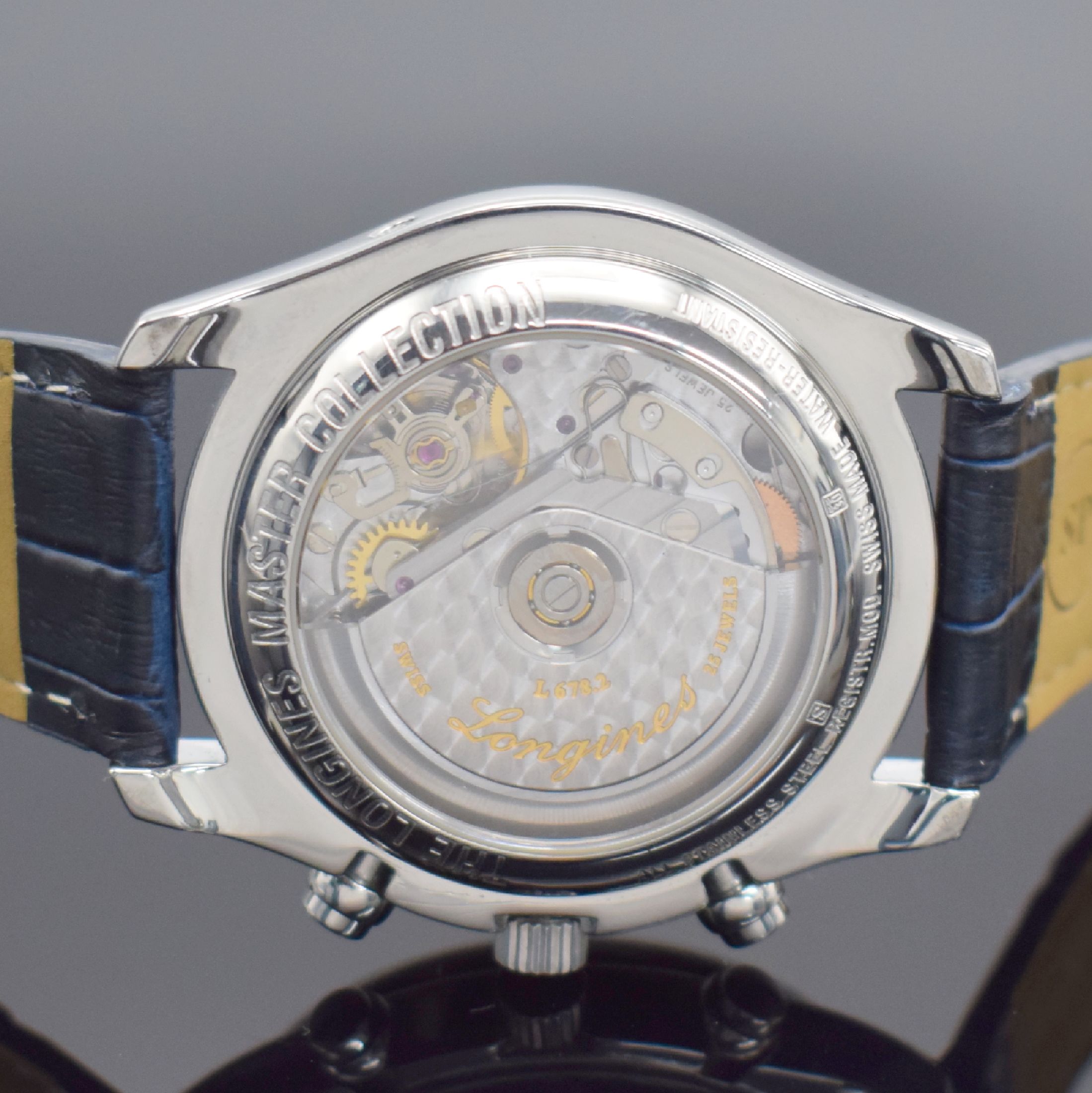 Detail e: LONGINES Armbandchronograph aus der "Master Collection", Automatik, Schweiz um 2005, mit Vollkalenderanzeige inkl. Mondphase, Edelstahlgeh. ...