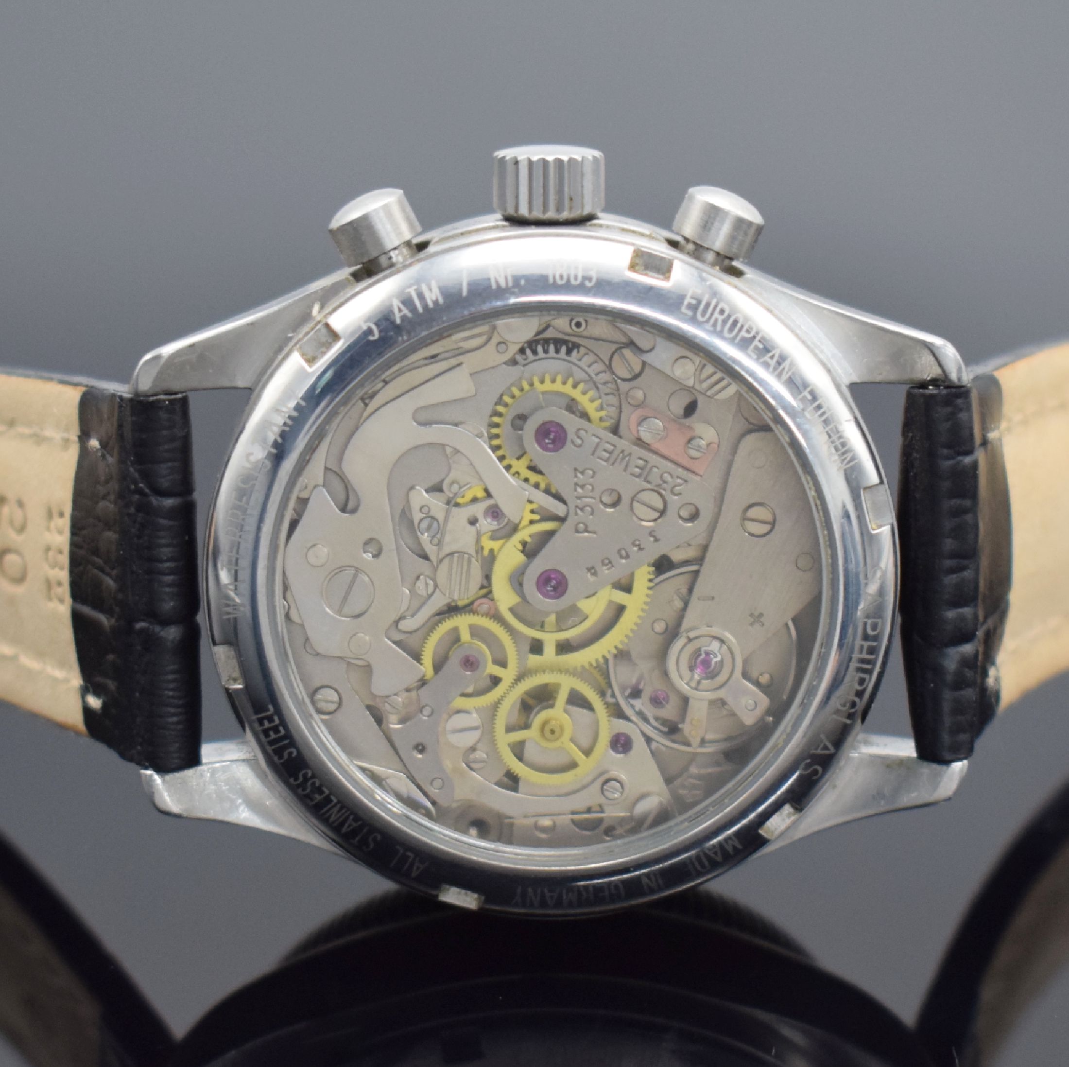 Detail c: JUNKERS Herrenarmbanduhr mit Chronograph, Deutschland um 2000, Handaufzug, beids. vergl. Edelstahlgeh., Boden verschr., schwarzes Kontrastzifferbl., ...