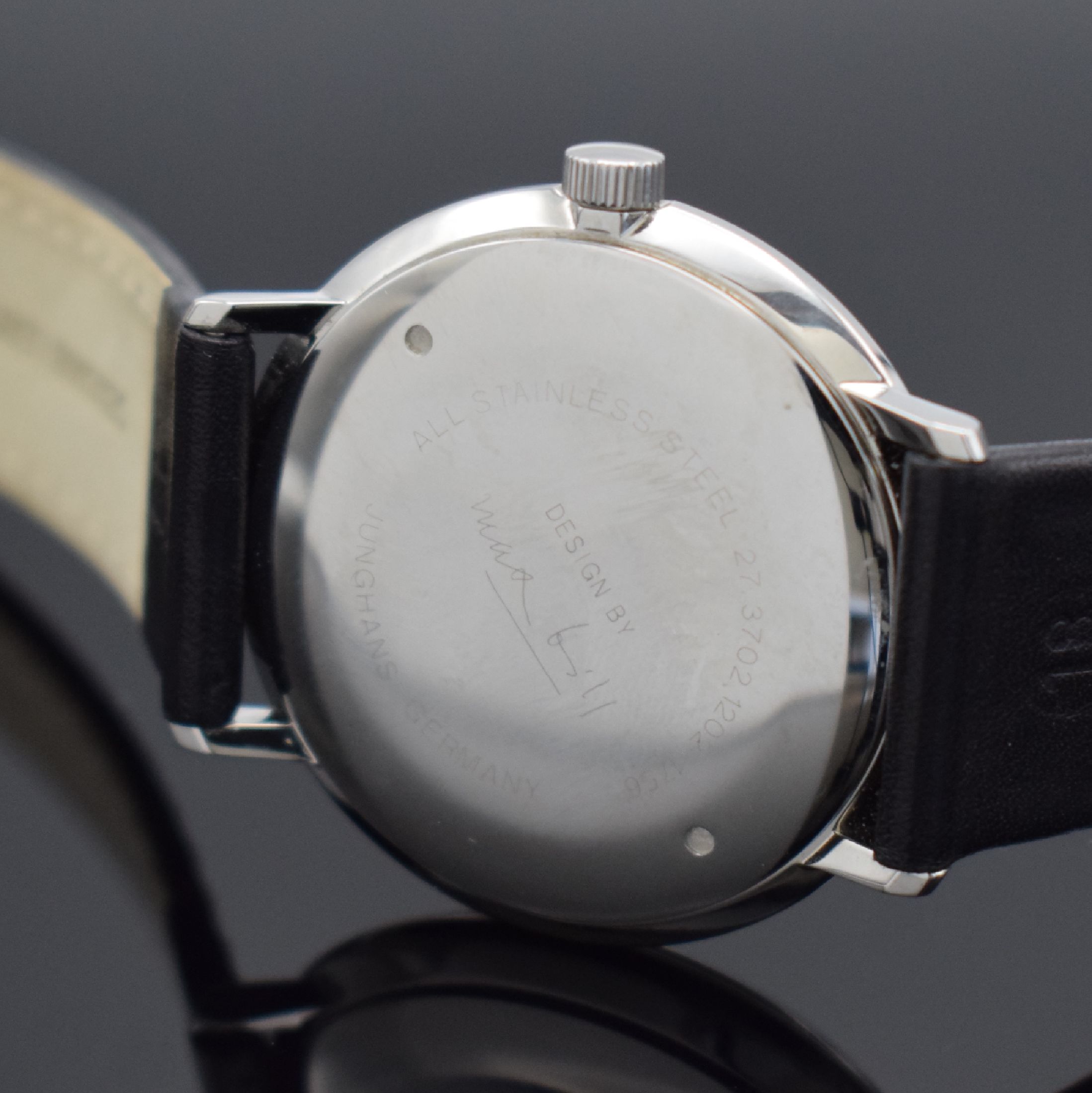 Detail c: JUNGHANS Max Bill Herrenarmbanduhr Referenz 27/3702.00, Handaufzug, Edelstahlgeh. inkl. orig. Lederband m. Dornschl., Boden verschr., schwarzes ...