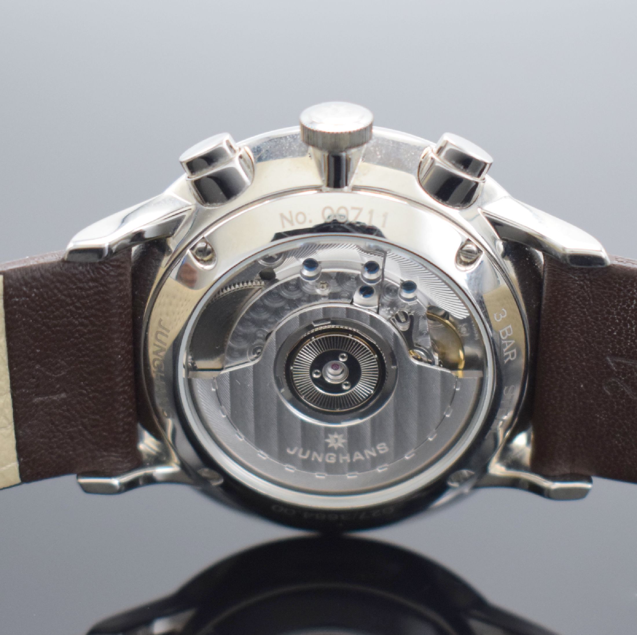 Detail d: JUNGHANS Armbandchronograph Meister Driver Chronoscope Referenz 027/3684.00, Automatik, Schweiz um 2015, Edelstahlgeh. inkl. orig. Lederband m. orig. ...