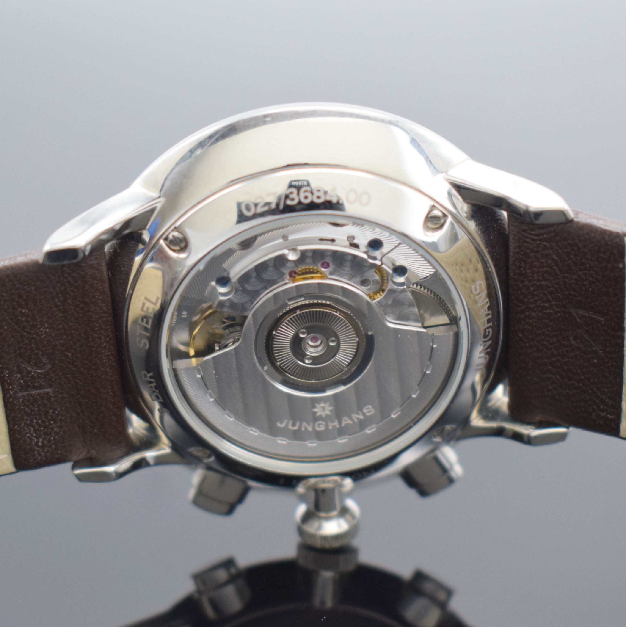 Detail e: JUNGHANS Armbandchronograph Meister Driver Chronoscope Referenz 027/3684.00, Automatik, Schweiz um 2015, Edelstahlgeh. inkl. orig. Lederband m. orig. ...
