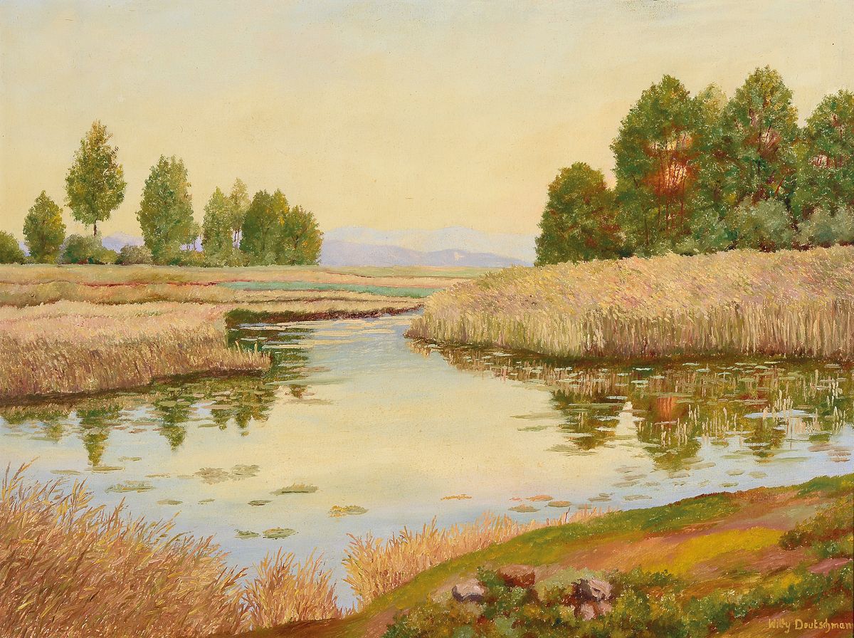 Willy Deutschmann, 1880 Oberflörsheim-1960 Petersbächel, Landschaft mit Baumgruppen, Bäumen und einem Gewässer mit Schilf, rechts im Hintergrund ...