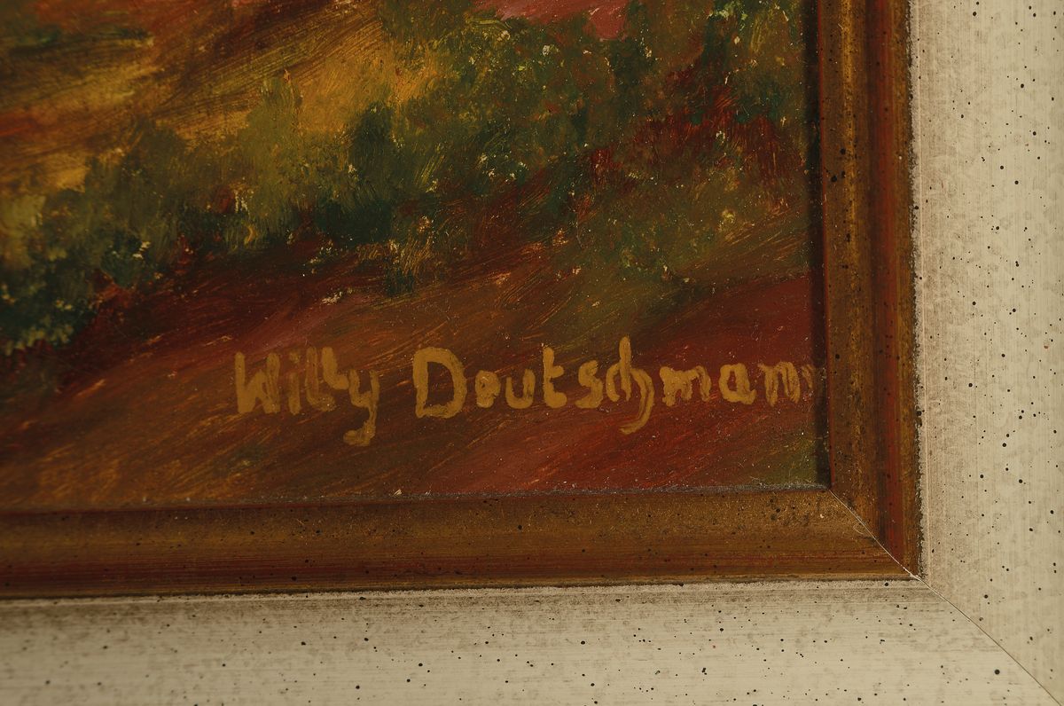 Detail a: Willy Deutschmann, 1880 Oberflörsheim-1960 Petersbächel, Landschaft mit Baumgruppen, Bäumen und einem Gewässer mit Schilf, rechts im Hintergrund ...