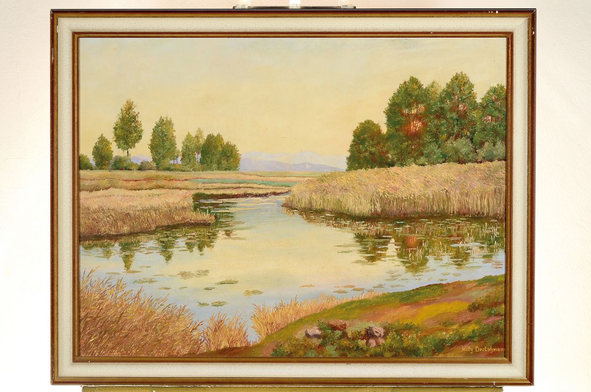 Detail k: Willy Deutschmann, 1880 Oberflörsheim-1960 Petersbächel, Landschaft mit Baumgruppen, Bäumen und einem Gewässer mit Schilf, rechts im Hintergrund ...