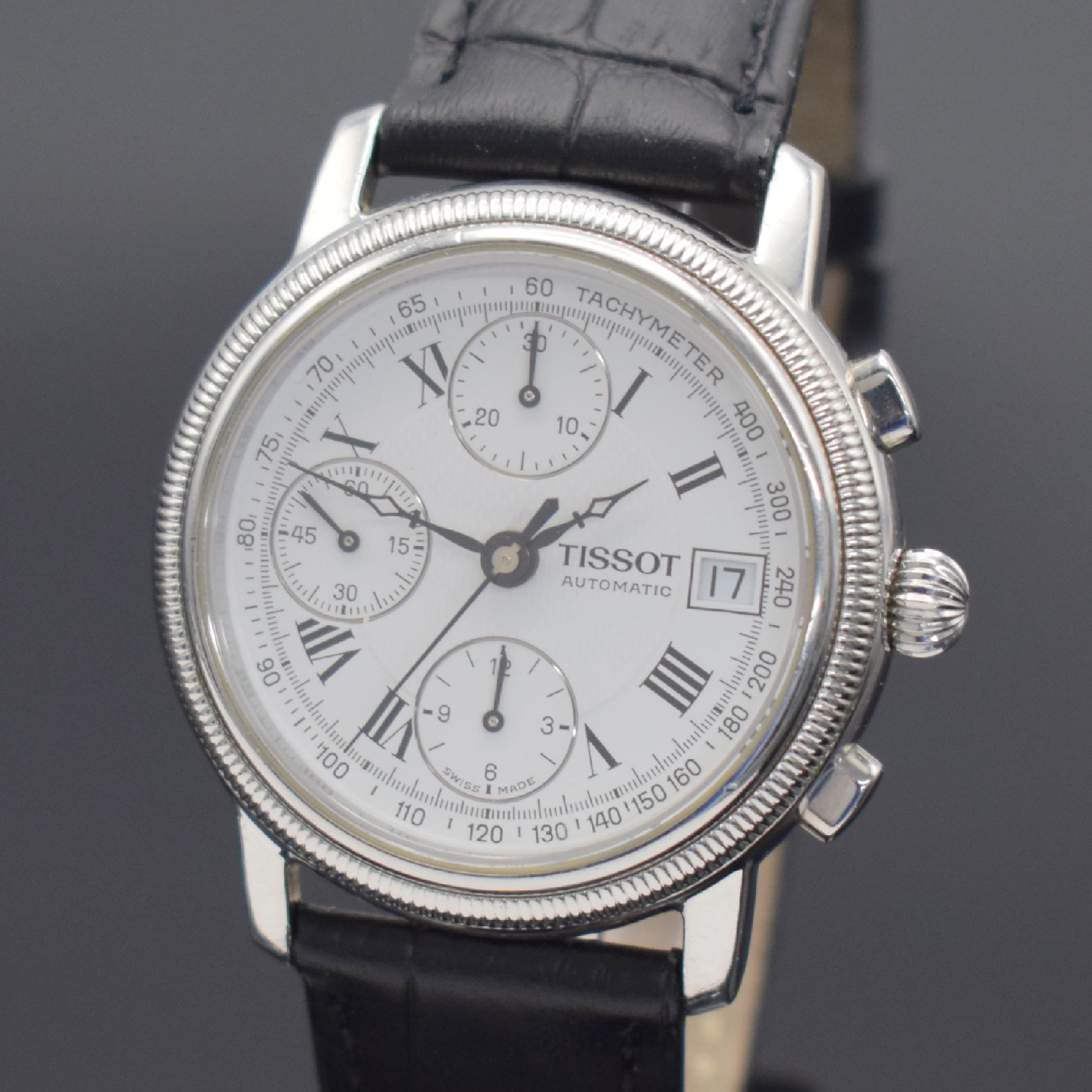 Detail a: TISSOT Armbandchronograph, Automatik, Schweiz um 2000, Edelstahlgeh. beids. vergl., Boden aufgedr., emailfarb. Strukturzifferbl. m. röm. Std., 30 ...