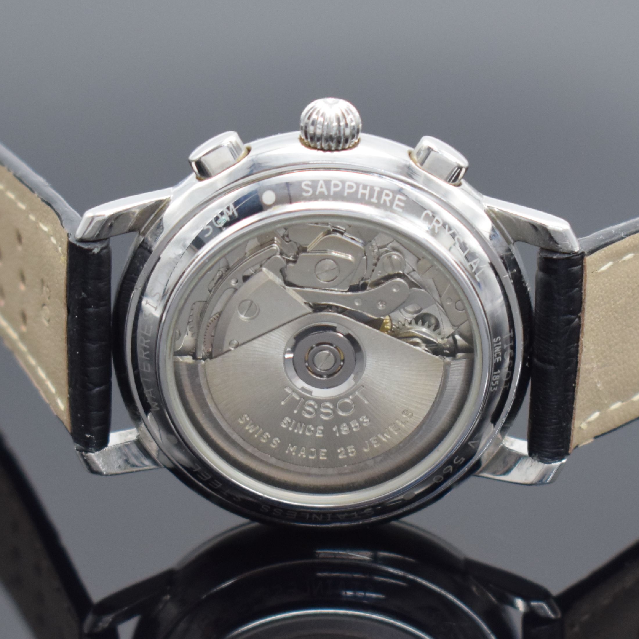 Detail c: TISSOT Armbandchronograph, Automatik, Schweiz um 2000, Edelstahlgeh. beids. vergl., Boden aufgedr., emailfarb. Strukturzifferbl. m. röm. Std., 30 ...