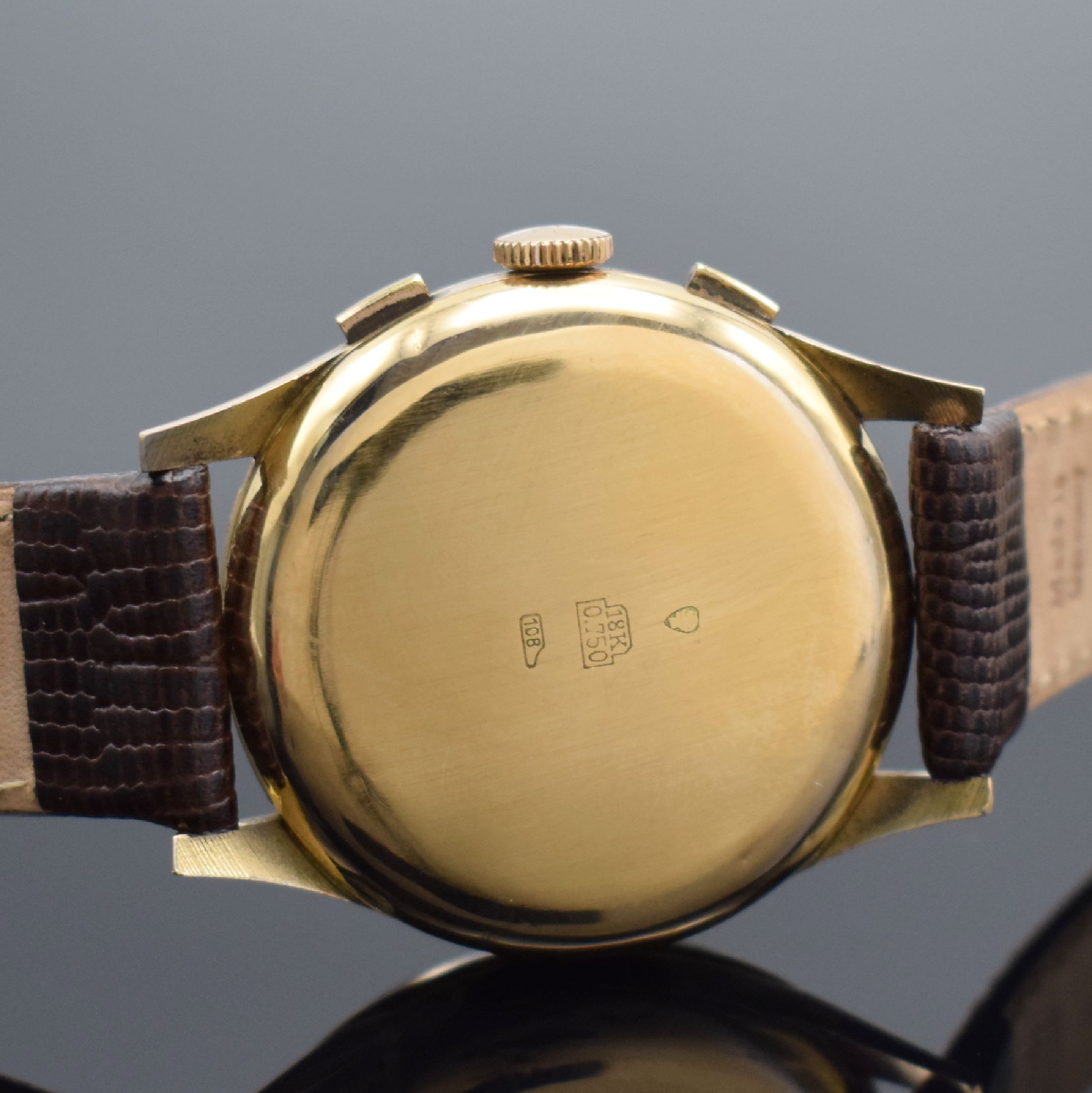 Detail c: ALMADIA / Chronographe Suisse Armbandchronograph in RG 750/000, Schweiz um 1960, Handaufzug, Boden aufgedr., Geh. dell., Metall-Innengeh., silb. ...