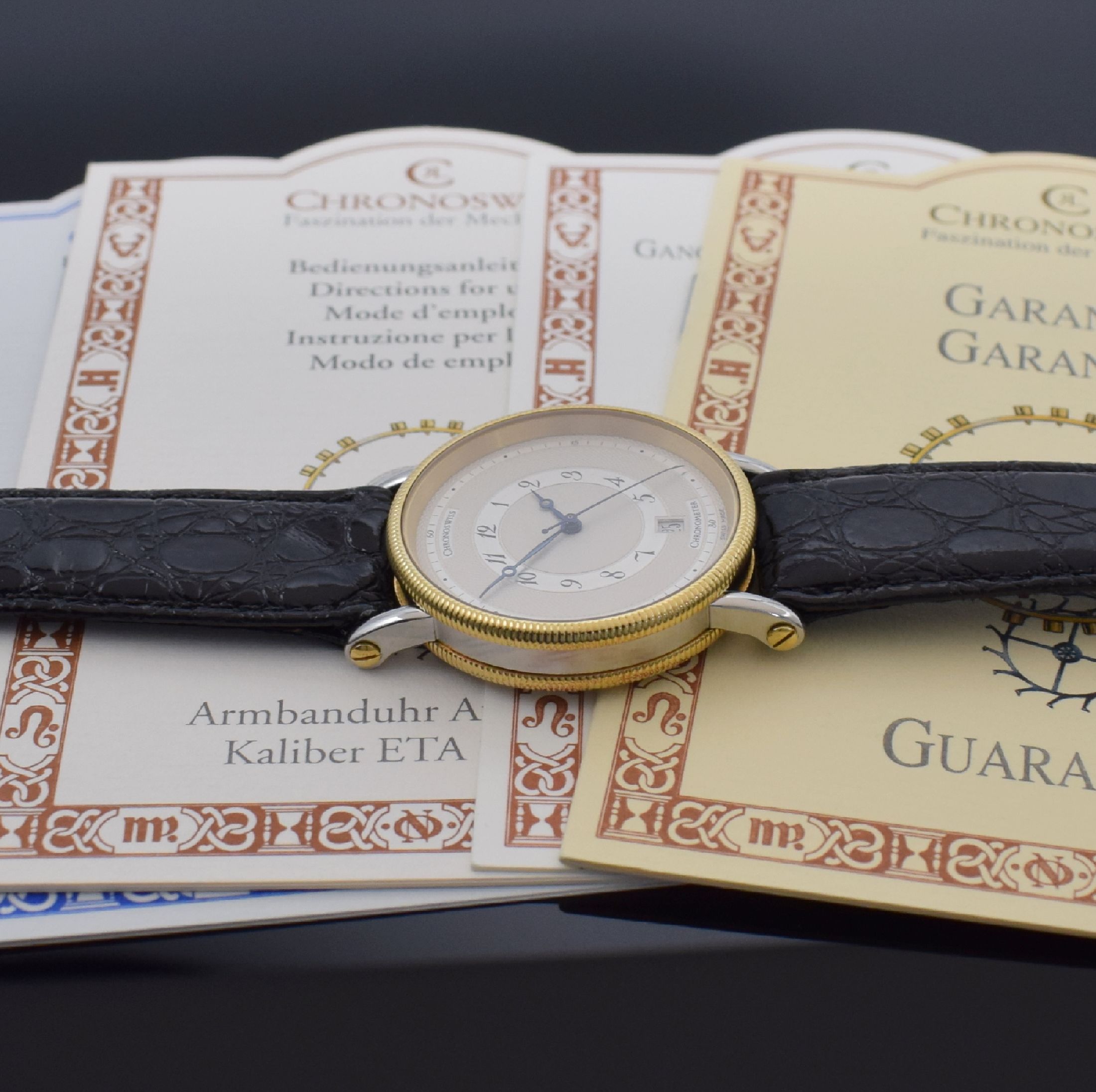 Detail f: CHRONOSWISS Chronometer Herrenarmbanduhr, Automatik, Ref. CH 2822, Edelstahl/Gold kombiniert inkl. Lederband m. orig. Dornschl., beids. vergl., Boden ...