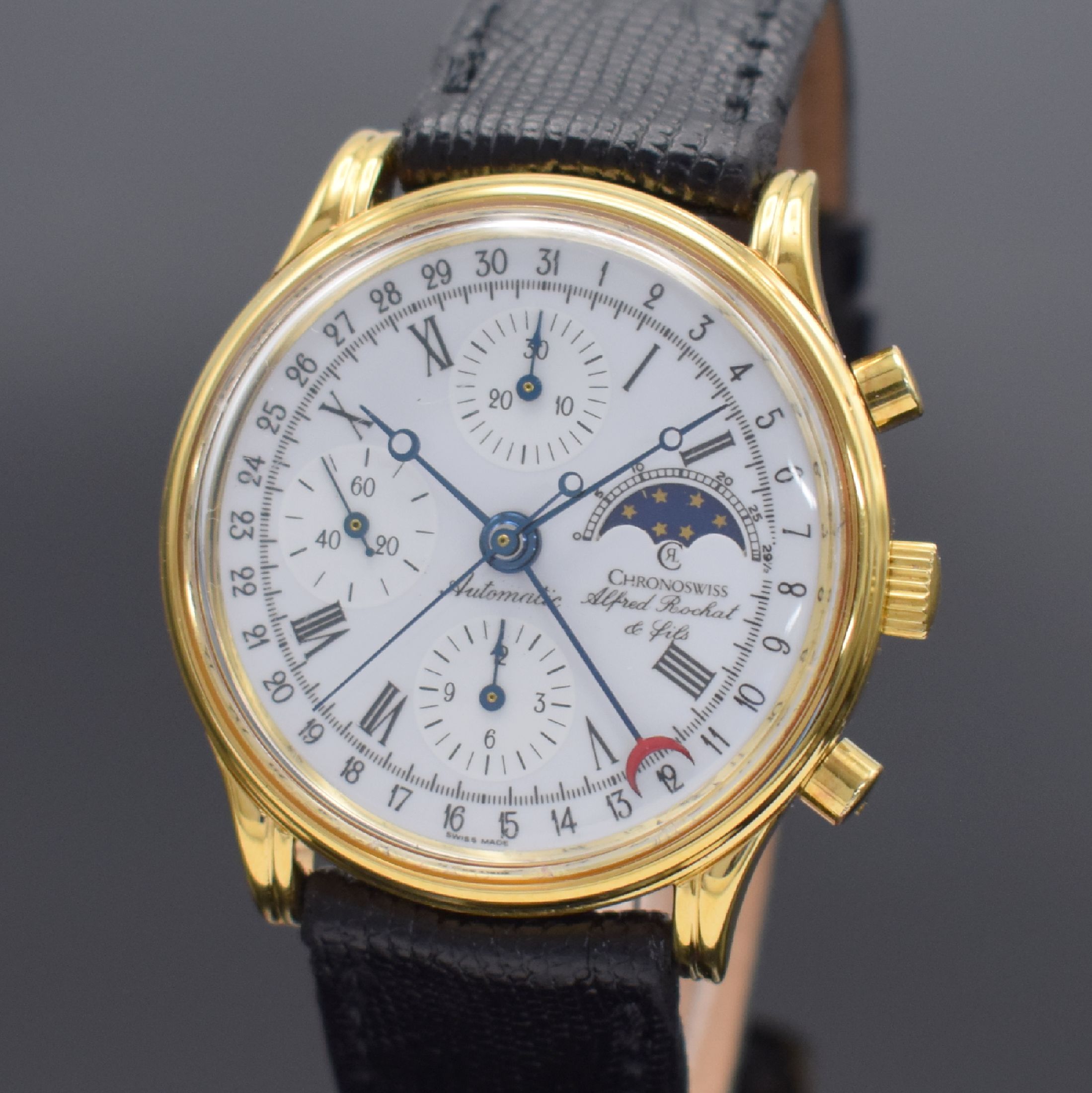 Detail a: CHRONOSWISS / ALFRED Rochat & Fils Armbandchronograph Referenz 77990, Automatik, Schweiz um 1995, verg. Metallgeh., Edelstahlboden verschr., ...