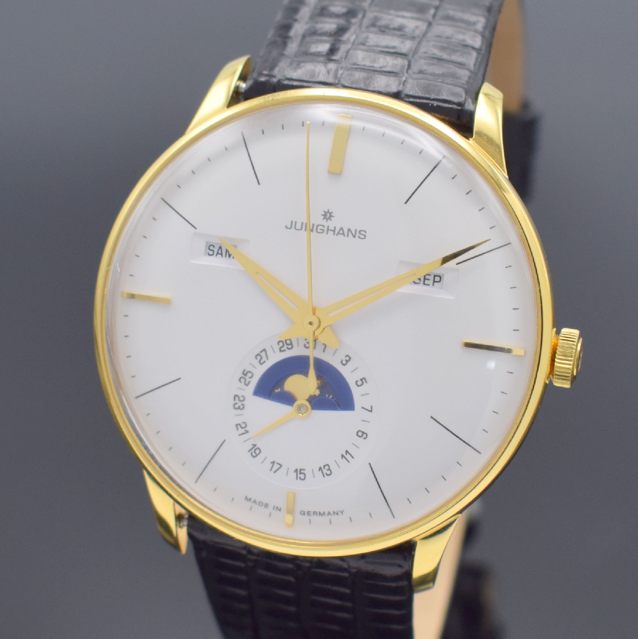 Detail a: JUNGHANS Meister Kalender Herrenarmbanduhr Referenz 027/7202.00, Automatik, verg. Edelstahlgeh. beids. verglast, Boden 5-fach verschr., vers. ...