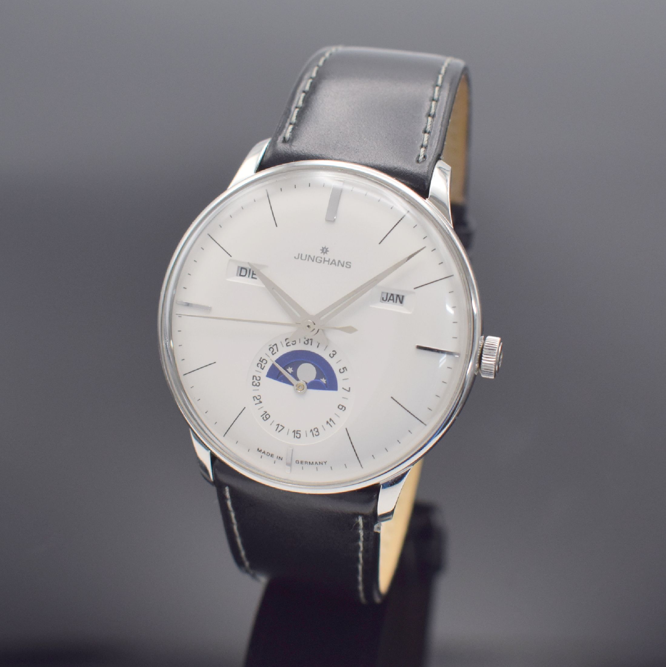 JUNGHANS Meister Kalender Herrenarmbanduhr Referenz 027/4200, Automatik, beids. vergl. Edelstahlgeh. inkl. orig. Lederband m. orig. Dornschl., Boden ...
