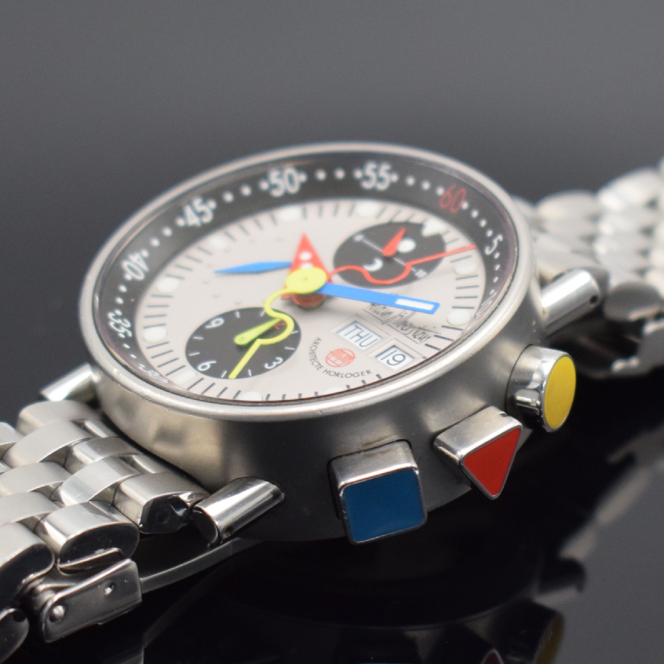 Detail c: ALAIN SILBERSTEIN KRONO BAUHAUS auf 999 Stück limitierter Armbandchronograph, Automatik, Schweiz/Frankreich um 1999, Edelstahlgeh. inkl. orig. ...