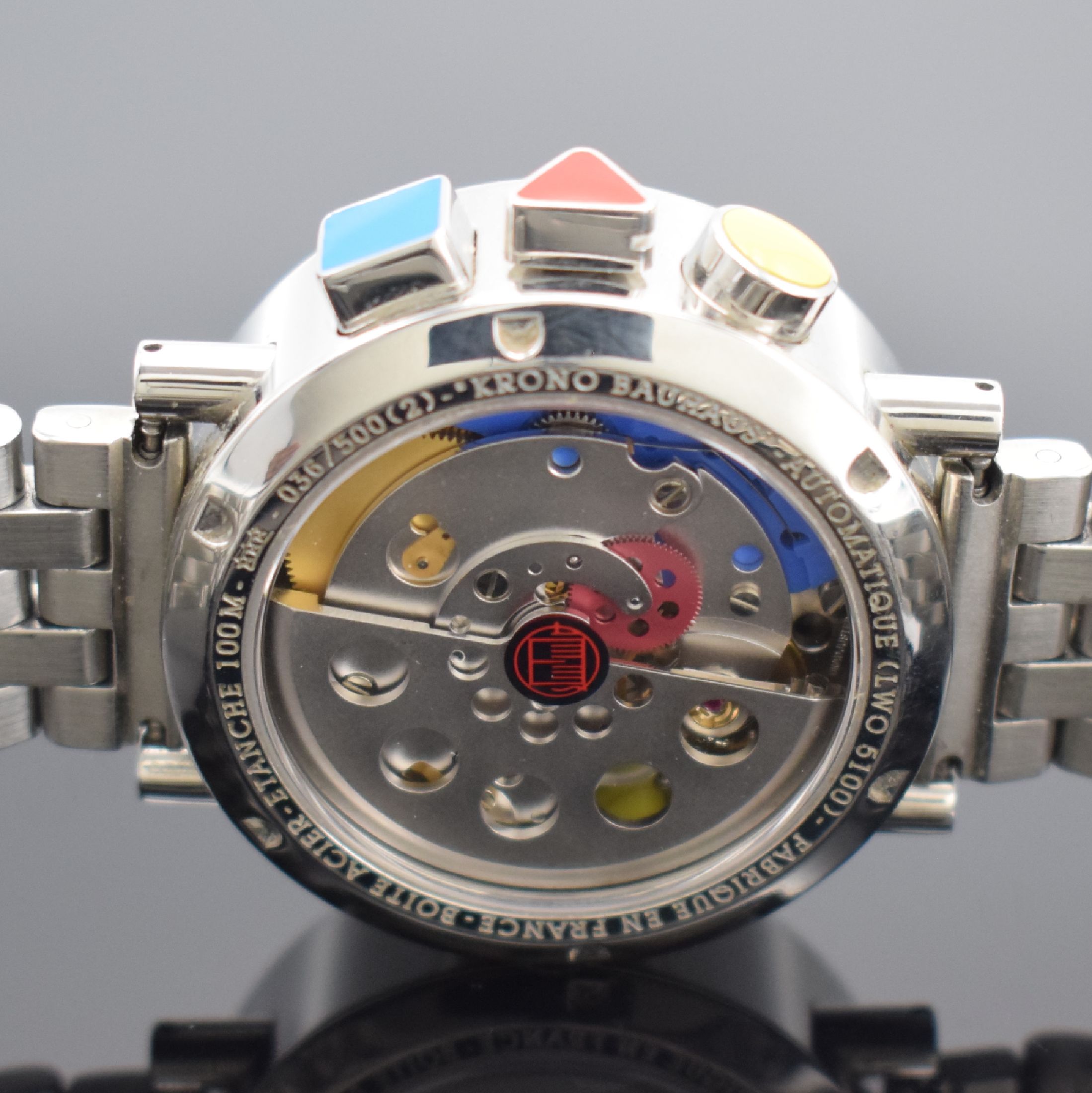 Detail d: ALAIN SILBERSTEIN Krono Bauhaus auf 500 Stück limitierter Armbandchronograph, verschr. Edelstahlgeh. inkl. orig. Gliederband, zus. orig. Lederband ...