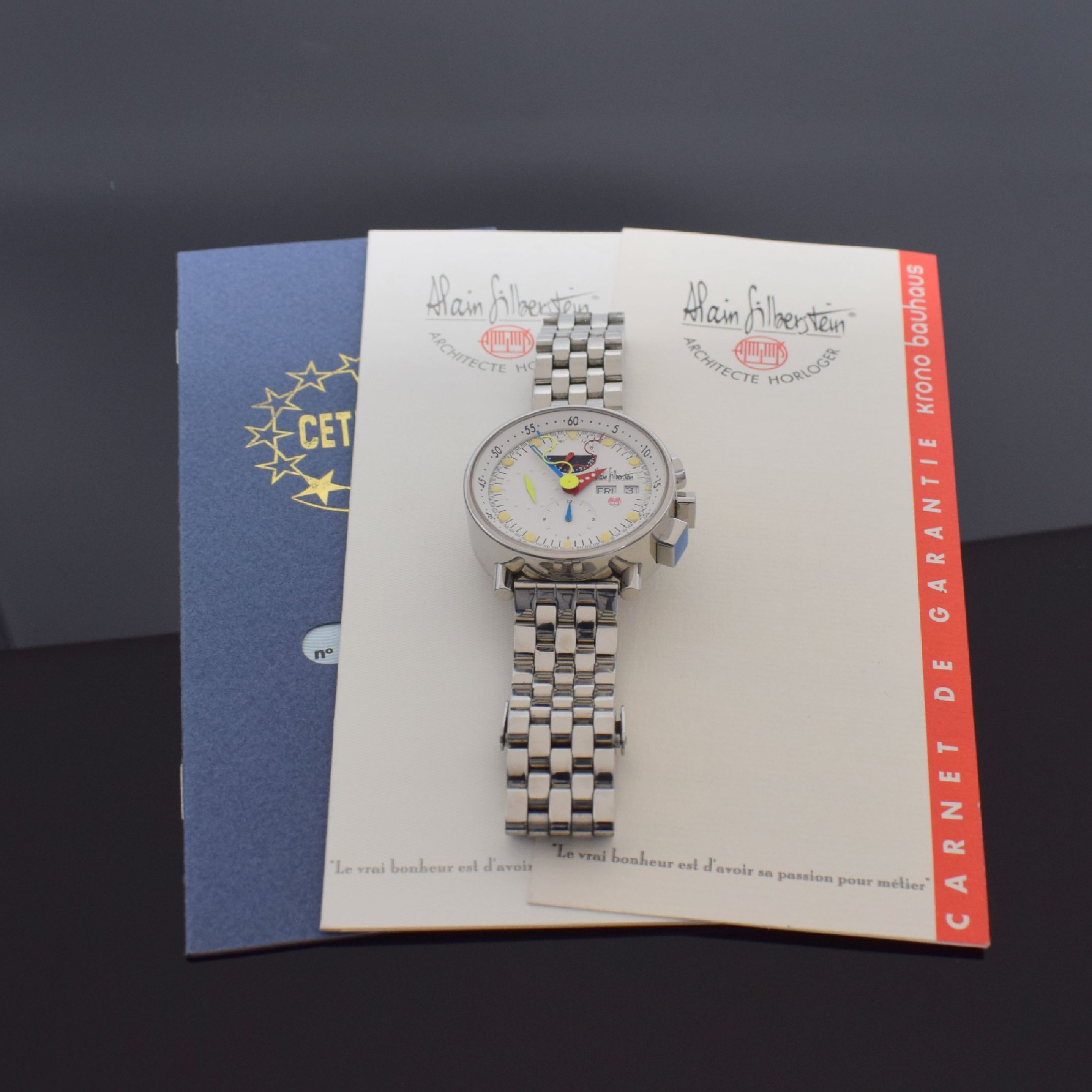 Detail g: ALAIN SILBERSTEIN Krono Bauhaus auf 500 Stück limitierter Armbandchronograph, verschr. Edelstahlgeh. inkl. orig. Gliederband, zus. orig. Lederband ...