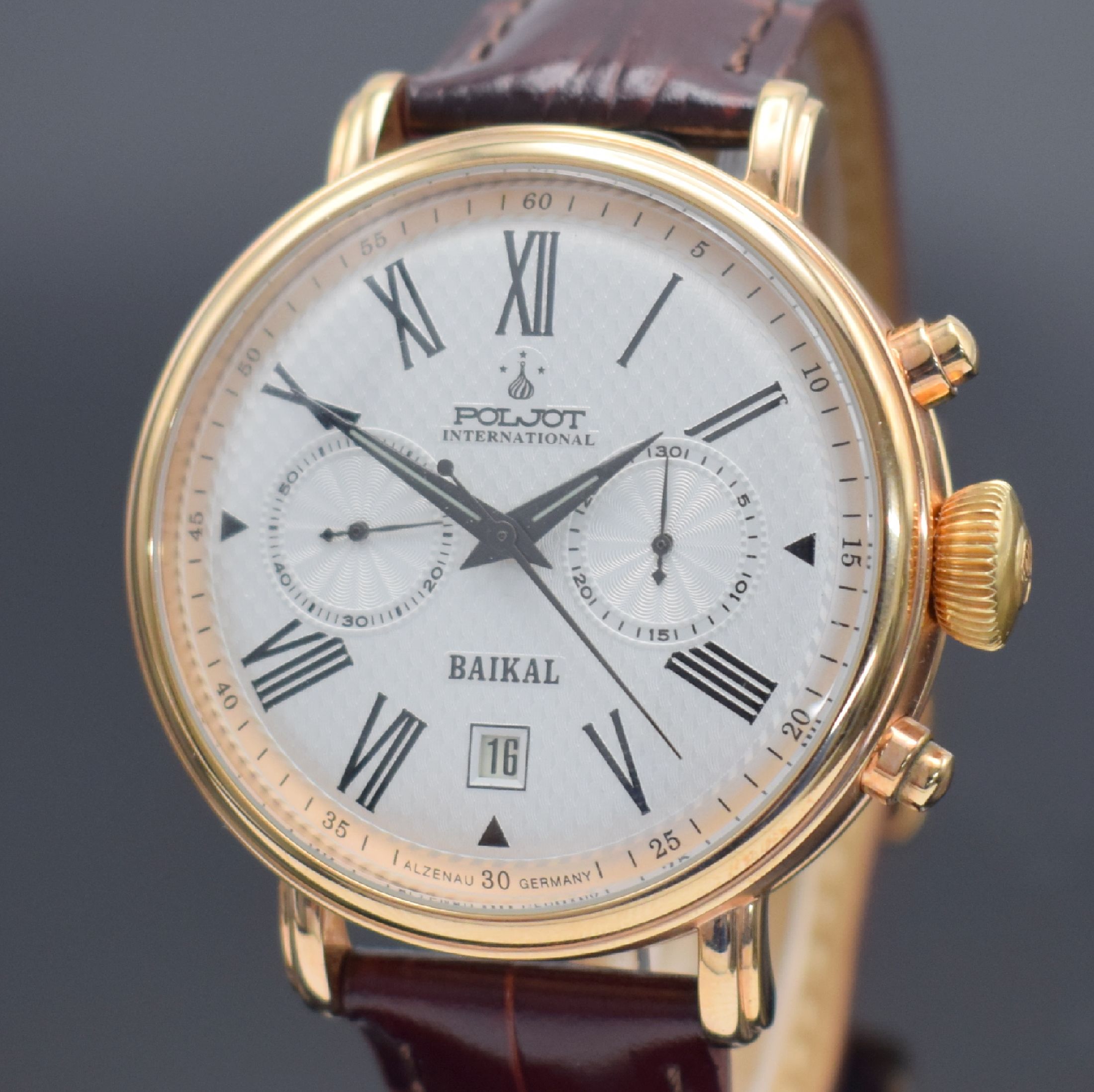 Detail a: POLJOT Armbandchronograph Modell Baikal, Handaufzug, verg. Edelstahlgeh. inkl. orig. Lederband m. orig. Dornschl., beids. vergl., Boden verschr., ...
