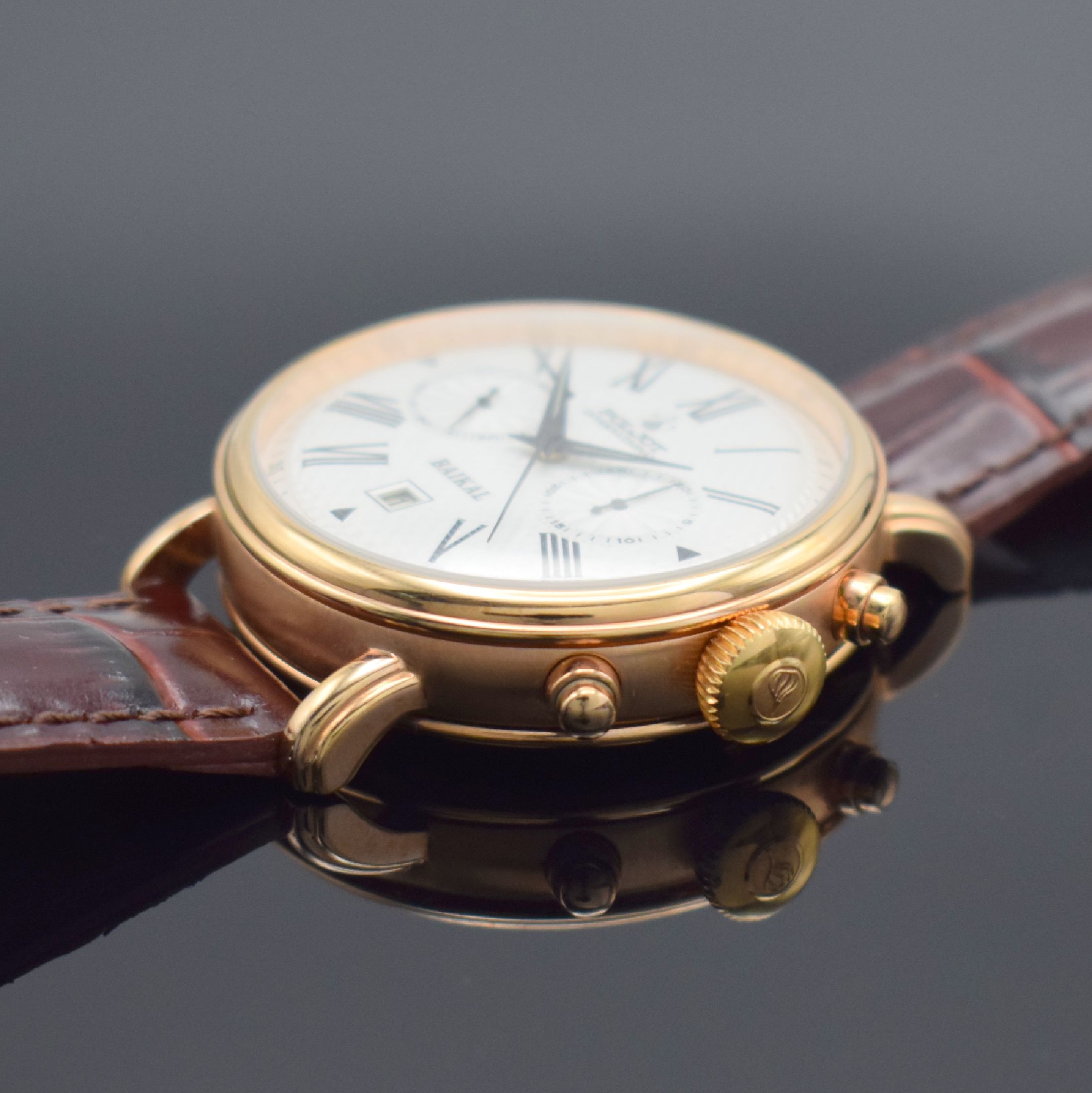 Detail c: POLJOT Armbandchronograph Modell Baikal, Handaufzug, verg. Edelstahlgeh. inkl. orig. Lederband m. orig. Dornschl., beids. vergl., Boden verschr., ...