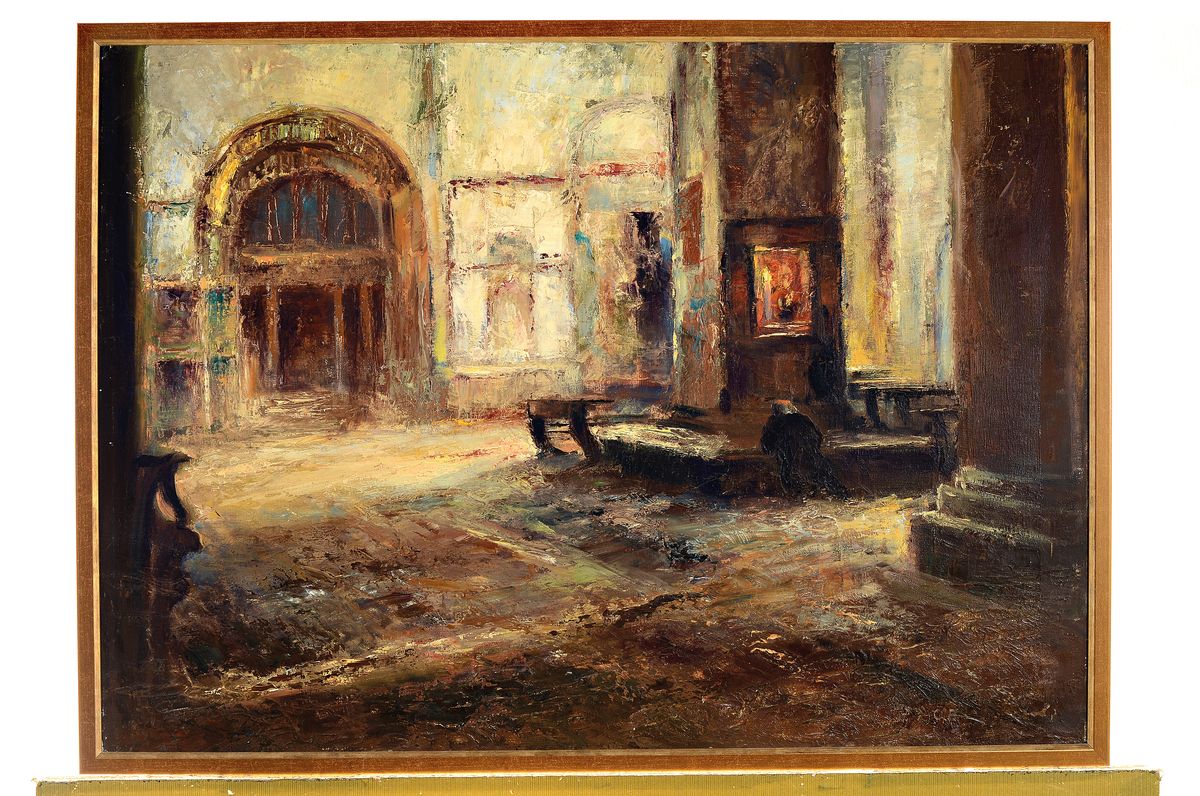 Detail k: Otto Pippel, 1878 Lodz-1960 Planegg, Kircheninterieur aus Venedig, Öl/Lwd, doubliert, rechts unten sekundär monogrammiert O.P., ca. 50x70cm, ...