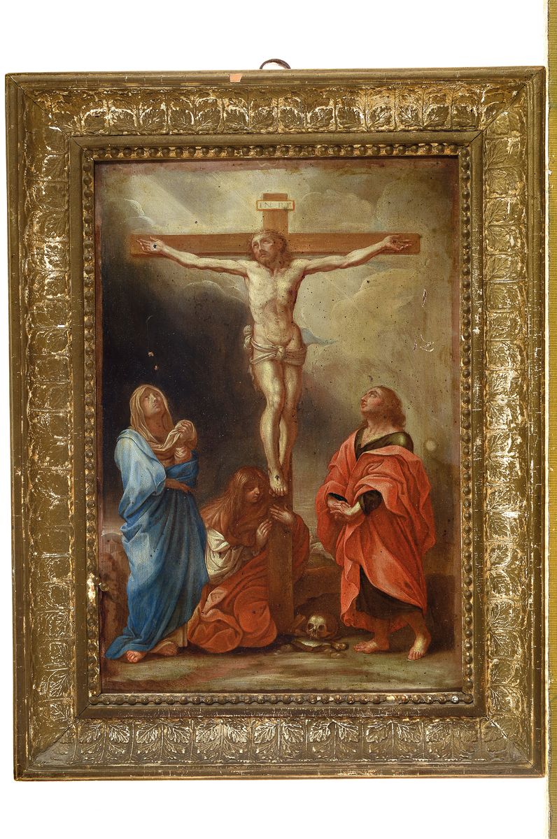 Detail k: Unbekannter Künstler der 2. Hälfte des 19. Jh., Kreuzigungsszene mit Johannes, Maria und Maria Magdalena, Öl/Kupferplatte, mehrere kleinere ...
