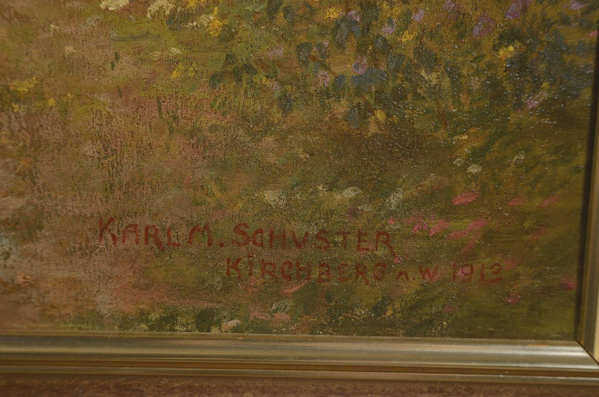 Detail a: Karl Maria Schuster, 1871 Purkersdorf - 1953 Wien, Studium an der Akademie Wien, hier: sommerliche Landschaft mit Kornfeld, bezeichnet Kirchberg am ...