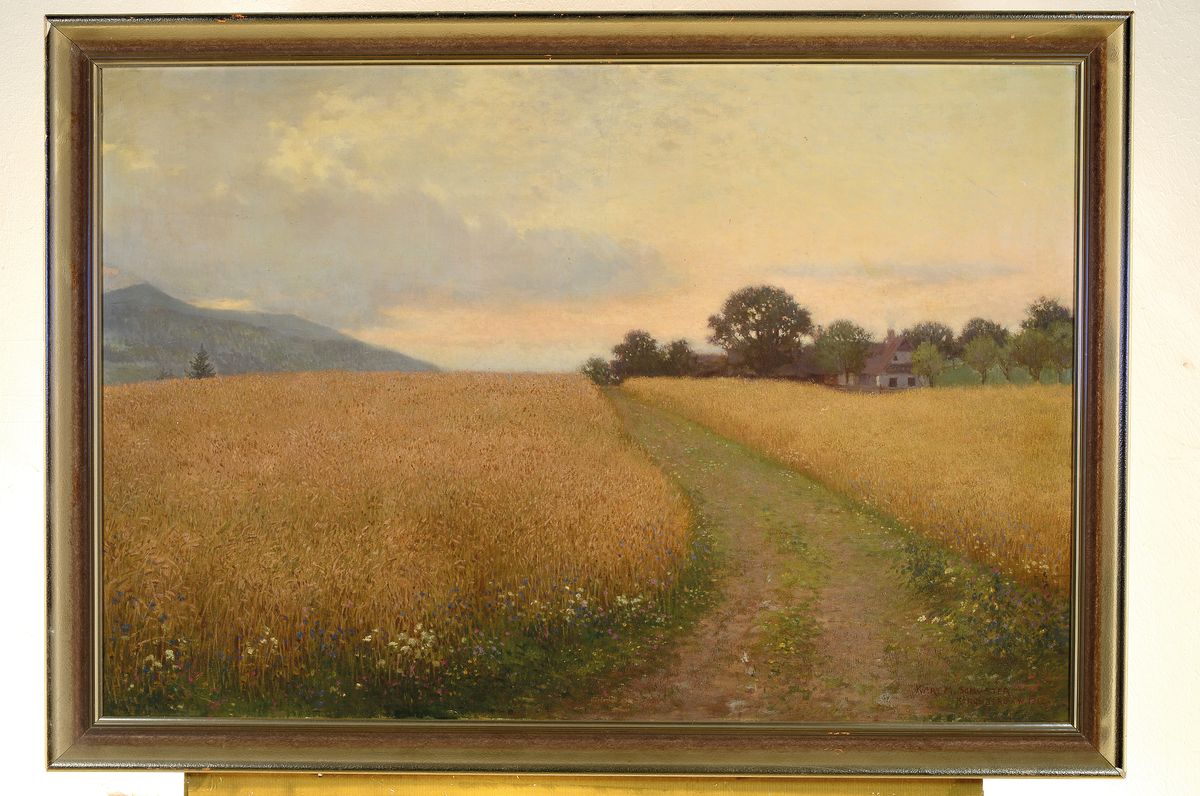 Detail k: Karl Maria Schuster, 1871 Purkersdorf - 1953 Wien, Studium an der Akademie Wien, hier: sommerliche Landschaft mit Kornfeld, bezeichnet Kirchberg am ...