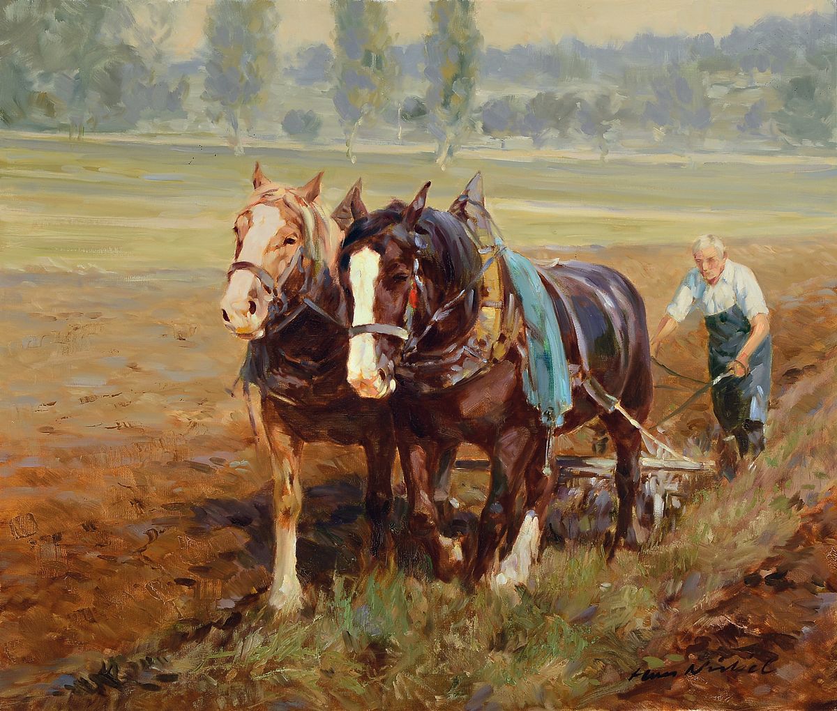 Hans Nickel, 1916 Mäjrisch Lotschnau - 1986 Altdorf bei Nürtingen, Studium an der Kunstschule Brünn, hier: pflügender Bauer mit Pferdegespann, ...