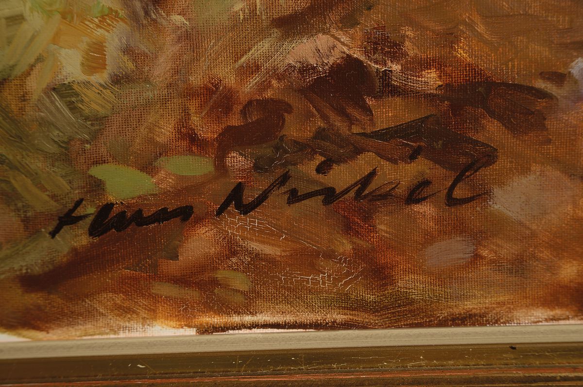 Detail a: Hans Nickel, 1916 Mäjrisch Lotschnau - 1986 Altdorf bei Nürtingen, Studium an der Kunstschule Brünn, hier: pflügender Bauer mit Pferdegespann, ...
