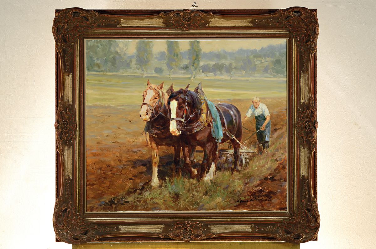 Detail k: Hans Nickel, 1916 Mäjrisch Lotschnau - 1986 Altdorf bei Nürtingen, Studium an der Kunstschule Brünn, hier: pflügender Bauer mit Pferdegespann, ...