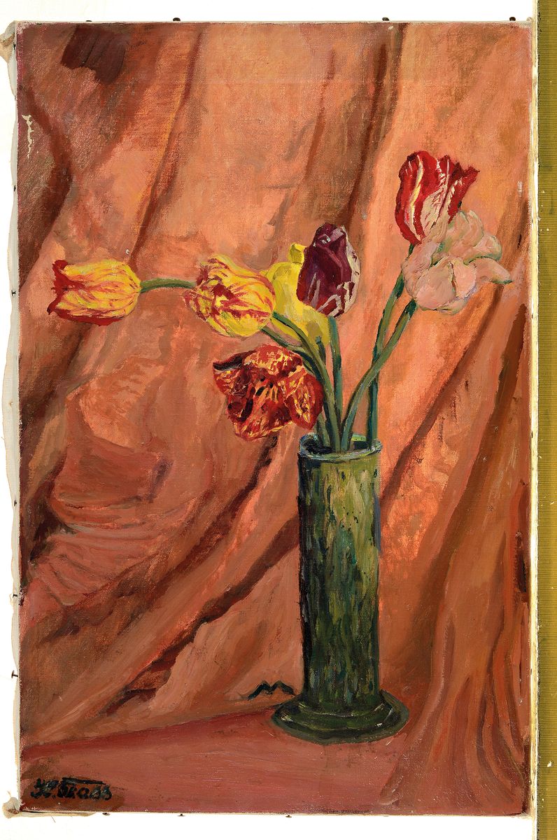 Detail k: Herbert Grass, 1886 Mannheim -1978 Heidelberg, Blumenstillleben mit Tulpen vor rotem Vorhang, links unten signiert und datiert wohl 1942, Öl/Lwd, ...