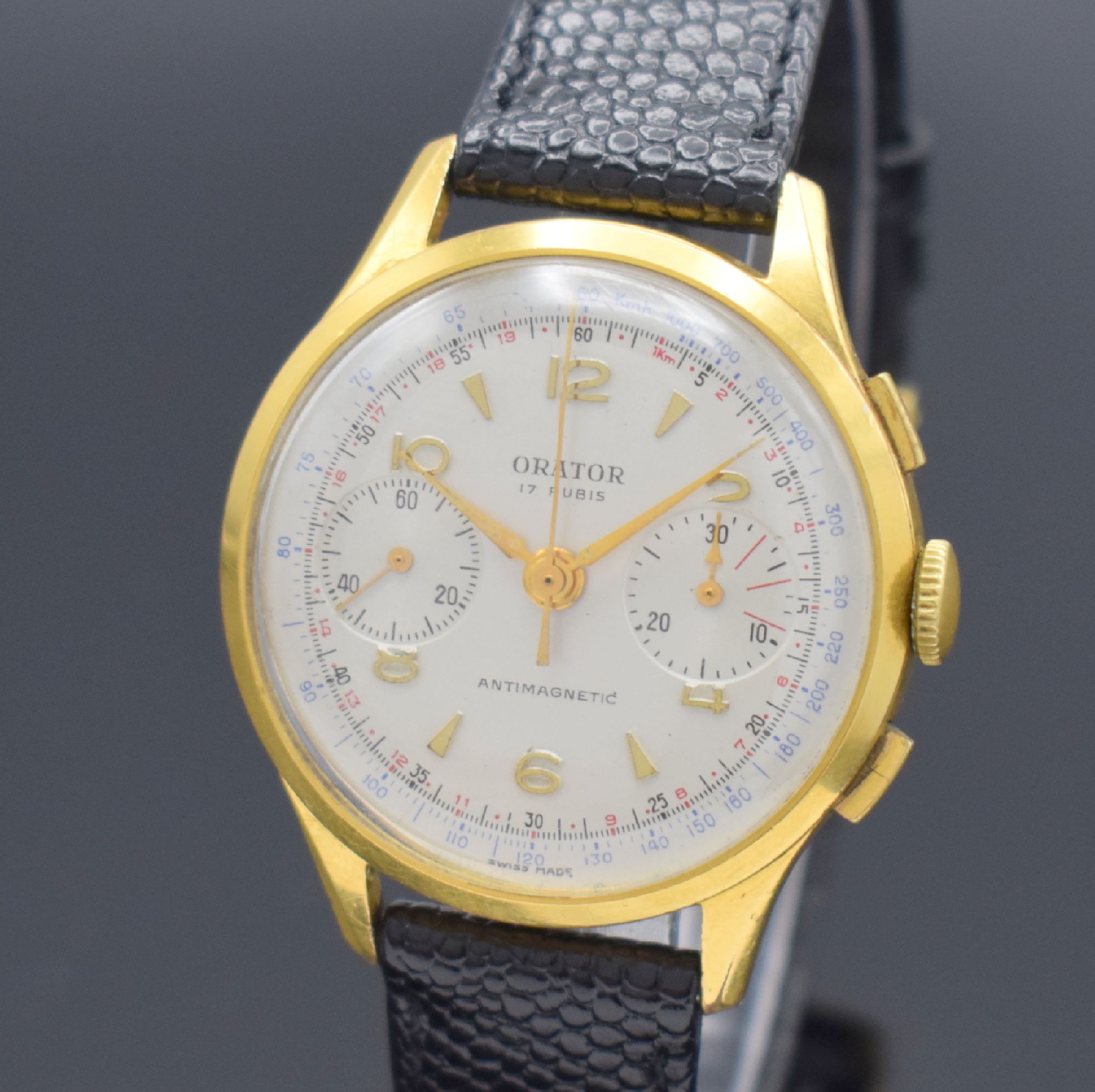 Detail a: ORATOR Herrenarmbanduhr mit Chronograph, Schweiz um 1945, Handaufzug, verg. Geh., Edelstahlboden aufgedr., schön erhaltenes silb. Zifferbl. m. gold. ...