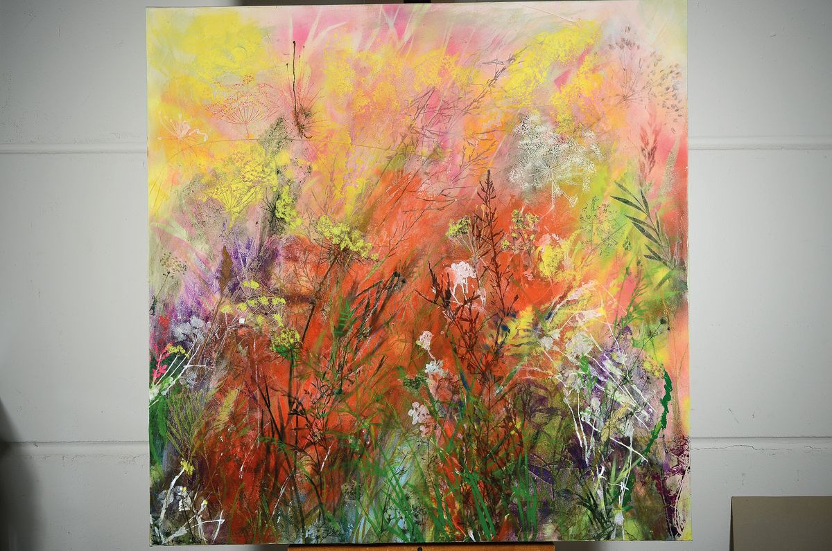 Detail k: Marion Schmidt, geb. 1963 Eschwege, "Blumenwiese", Acryl u. Öl/Lwd, links unten signiert, 100x100 cm