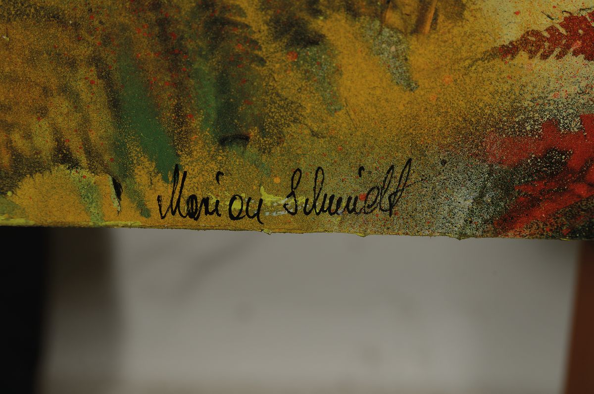 Detail a: Marion Schmidt, geb. 1963 Eschwege, "Am Waldrand", Acryl u. Öl/Lwd, links unten signiert, 70x140 cm