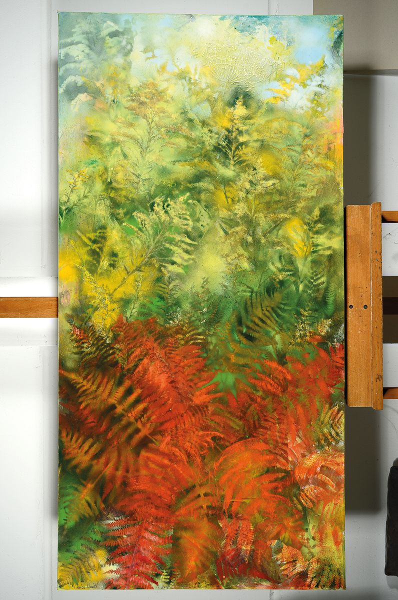 Detail k: Marion Schmidt, geb. 1963 Eschwege, "Am Waldrand", Acryl u. Öl/Lwd, links unten signiert, 70x140 cm