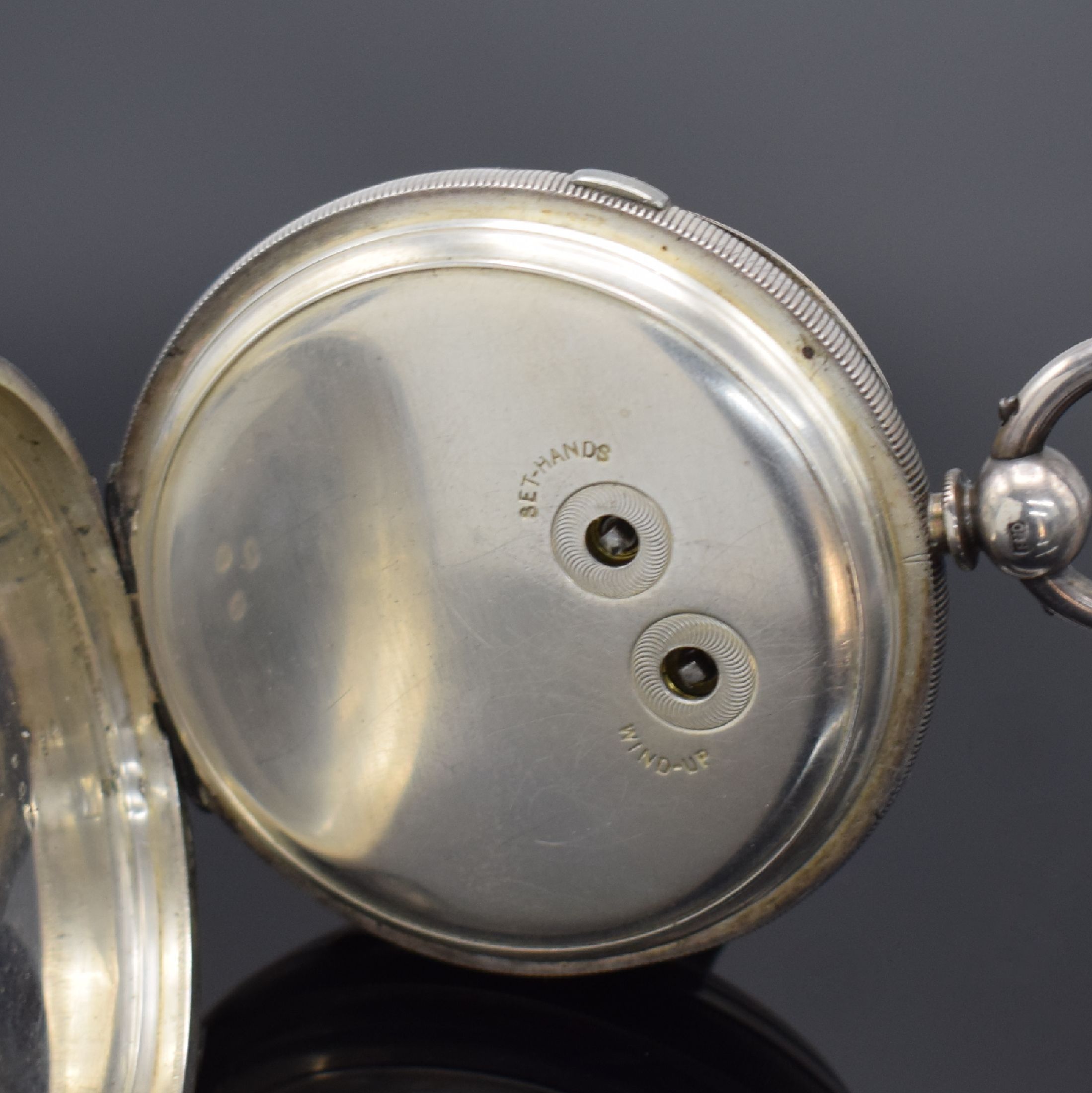 Detail c: CENTRE SECONDS Chronograph offene Herrentaschenuhr in Silber mit Schlüsselaufzug, England um 1900, schweres Silbergeh., 2-teil. Emailzifferbl. m. ...