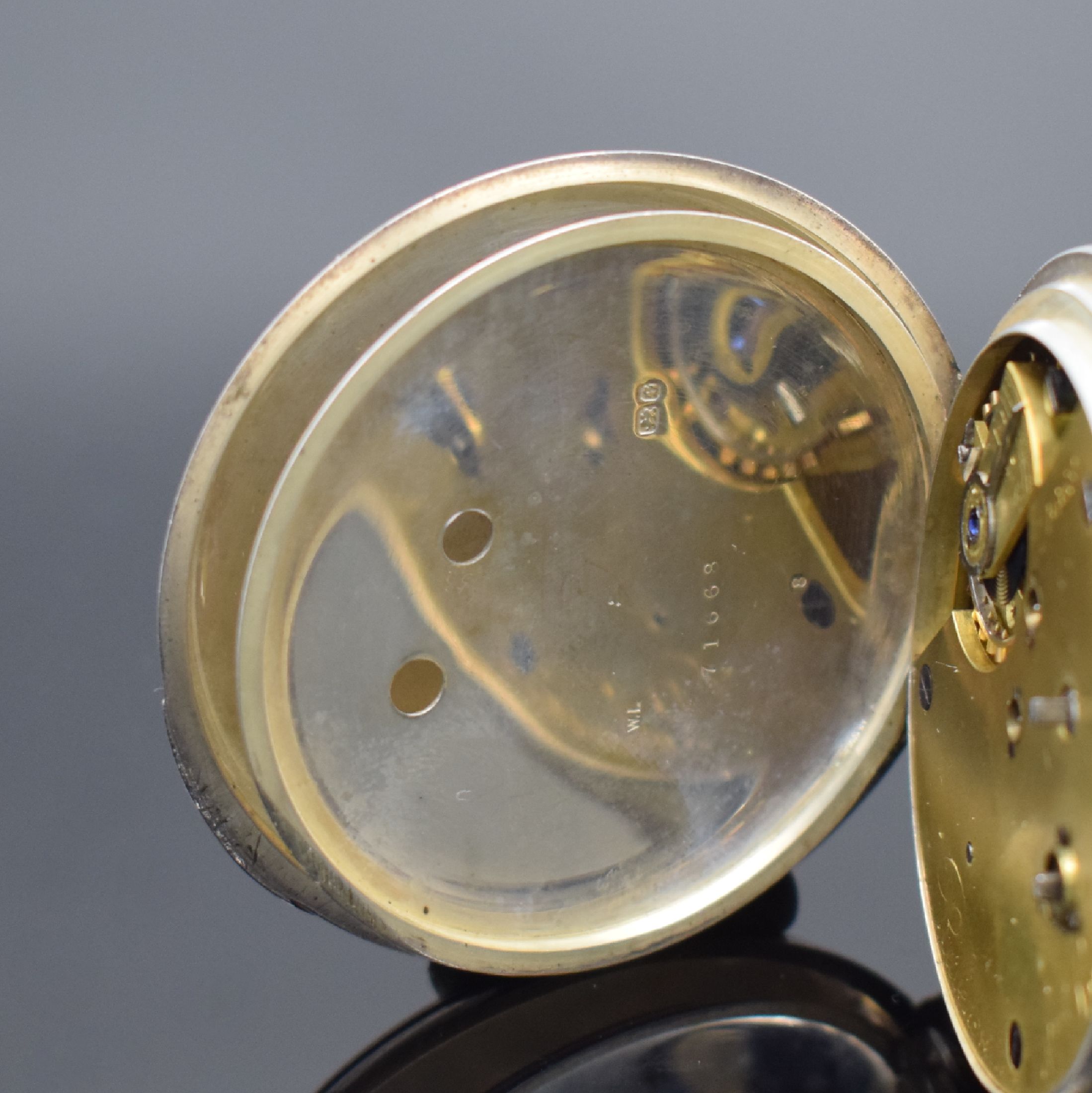 Detail d: CENTRE SECONDS Chronograph offene Herrentaschenuhr in Silber mit Schlüsselaufzug, England um 1900, schweres Silbergeh., 2-teil. Emailzifferbl. m. ...