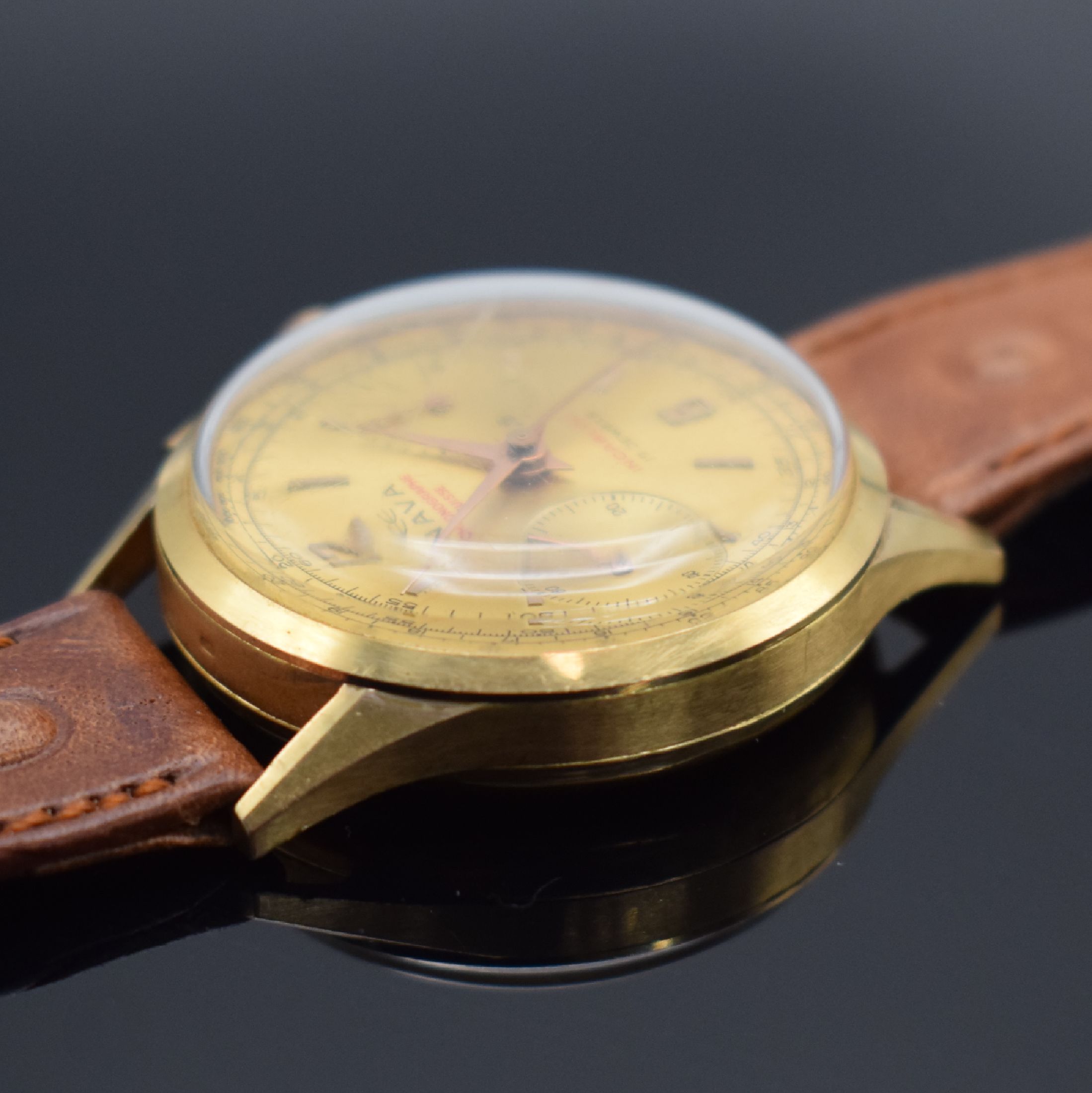 Detail c: CHRONOGRAPHE SUISSE / NAVA Armbandchronograph in RoseG 750/000, Schweiz um 1960, Handaufzug, gedr. Geh. l. dell., Metall Innengeh., gold. Zifferbl., ...