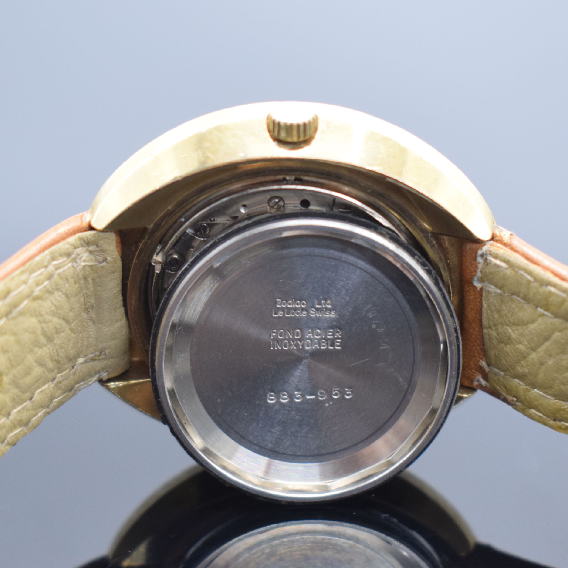 Detail e: ZODIAC Astrographic SST Armbanduhr mit mysteriöser Zeitanzeige, Schweiz um 1970, Automatik, verg. Geh., verschr. Stahlboden, Mineralglas m. ...