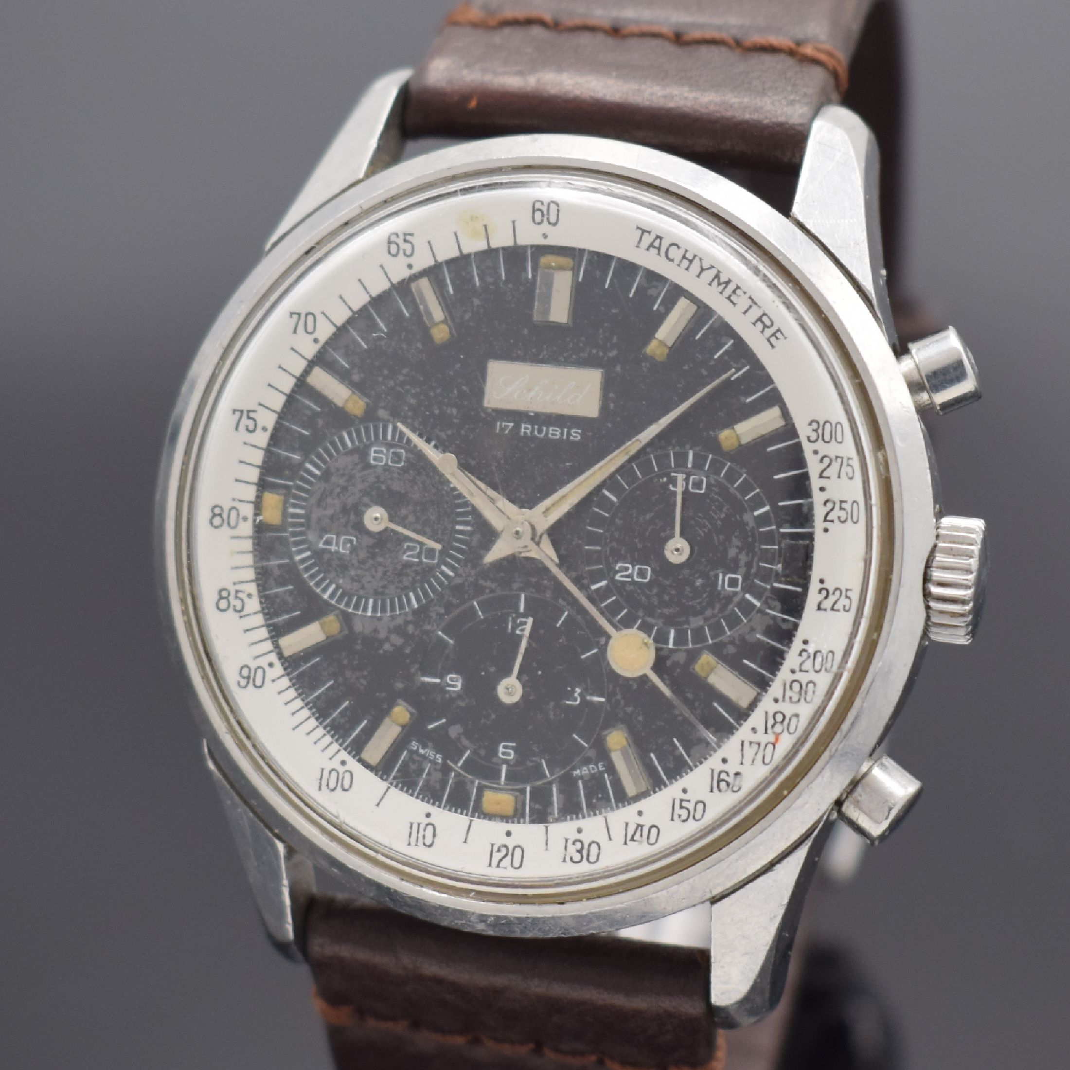 Detail a: SCHILD 4072B Armbandchronograph Valjoux 72 in Stahl, Schweiz um 1968, Handaufzug, verschr. Geh., schwarzes Zifferbl. pat./fl., silb. Tachymeterskala, ...