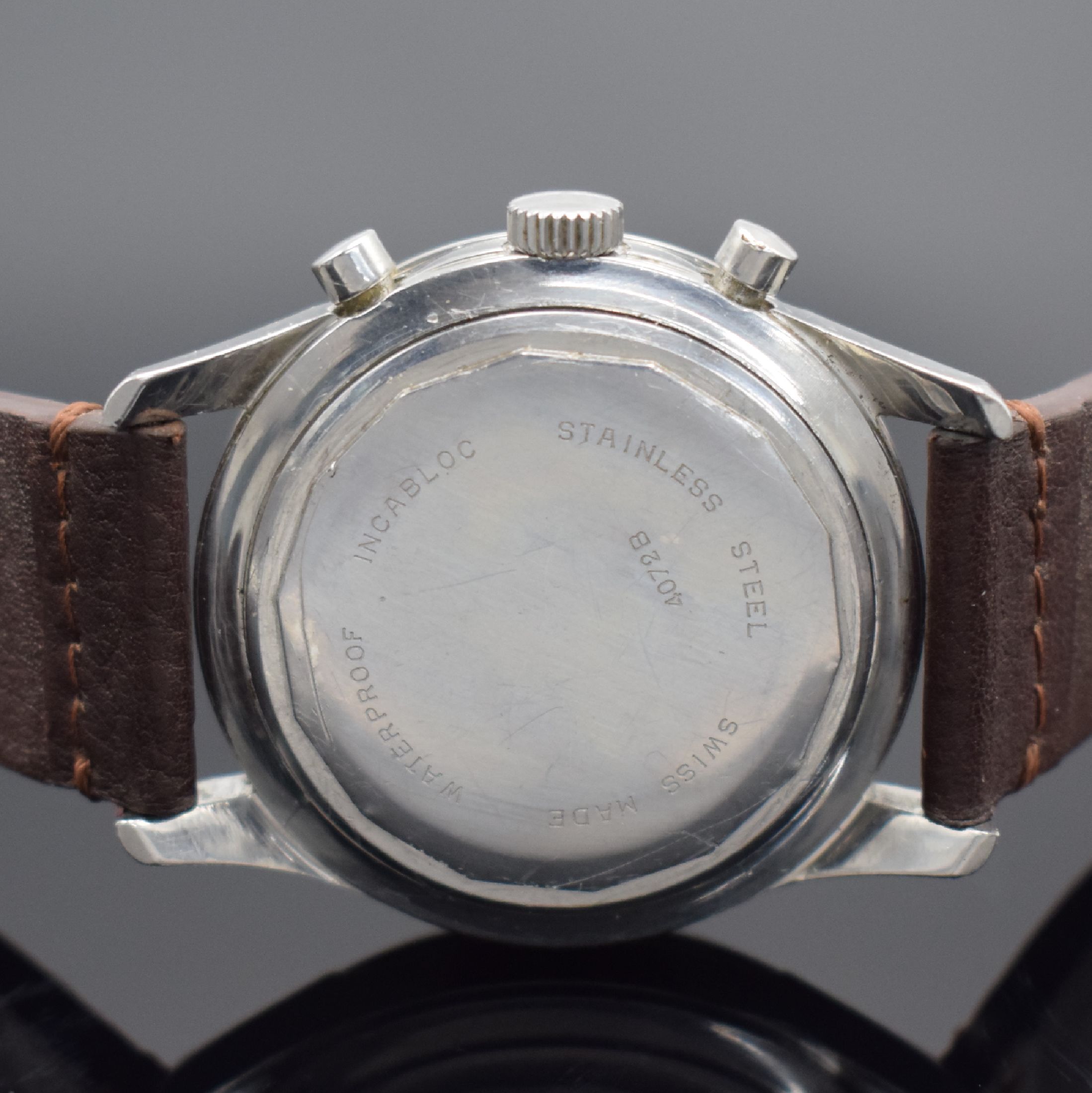 Detail c: SCHILD 4072B Armbandchronograph Valjoux 72 in Stahl, Schweiz um 1968, Handaufzug, verschr. Geh., schwarzes Zifferbl. pat./fl., silb. Tachymeterskala, ...