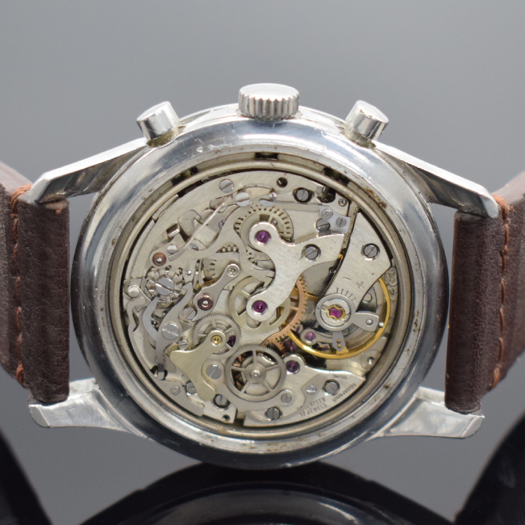 Detail d: SCHILD 4072B Armbandchronograph Valjoux 72 in Stahl, Schweiz um 1968, Handaufzug, verschr. Geh., schwarzes Zifferbl. pat./fl., silb. Tachymeterskala, ...