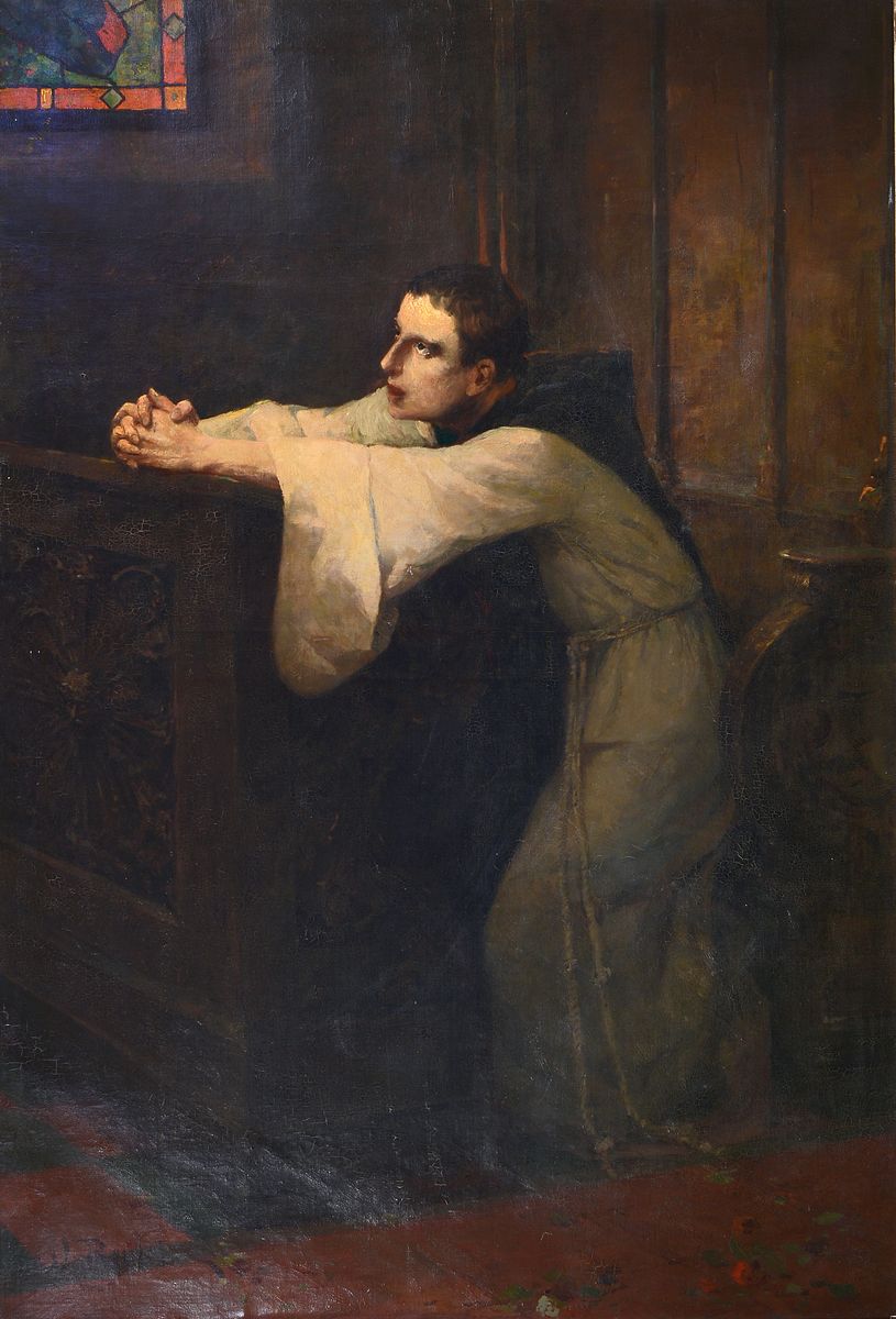 Wilhelm Reuter, 1859 Karlsruhe - 1937 Nürnberg, Studium an der Akademie Karlsruhe, betender Mönch in Kirchenbank, durch Bleiglasfenster fallender ...