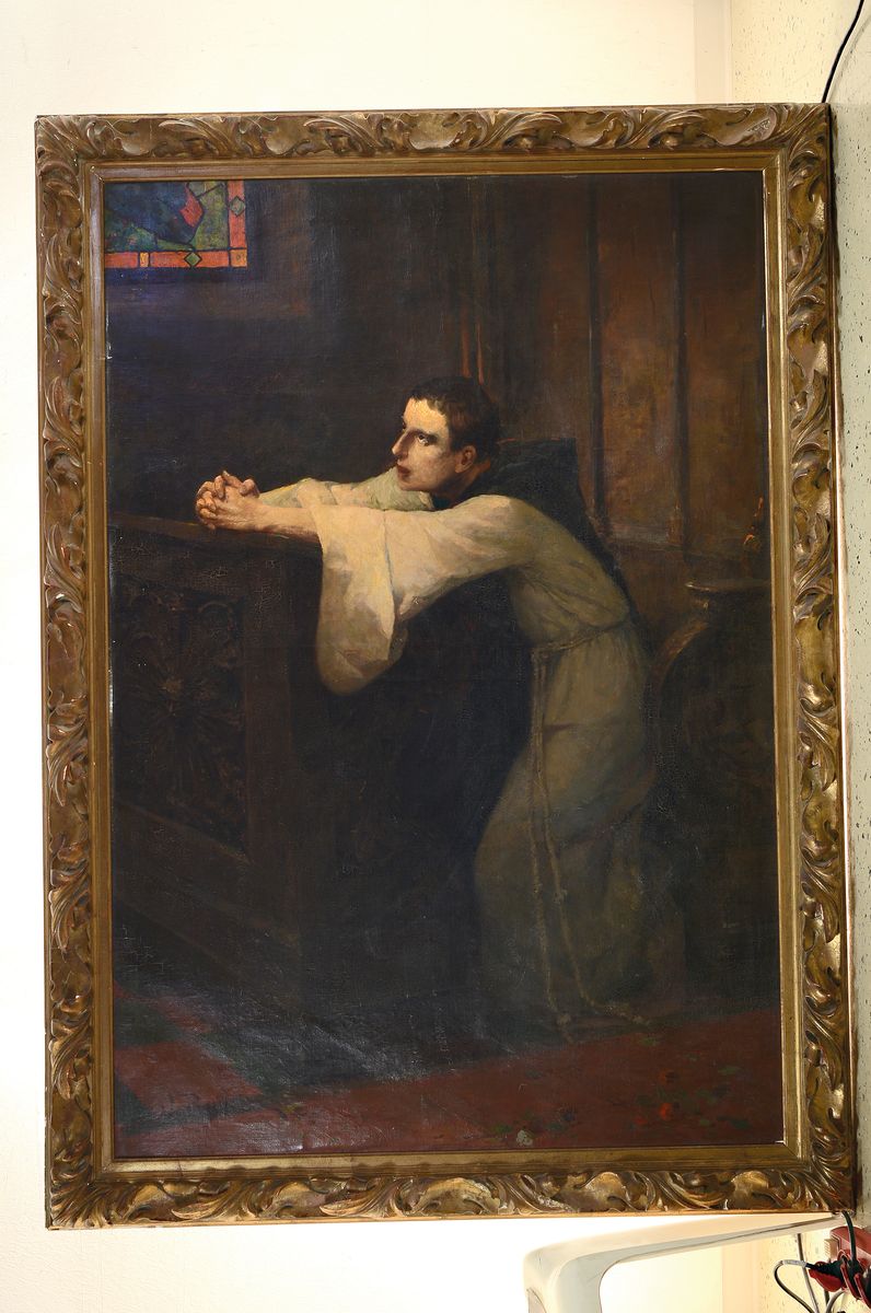 Detail k: Wilhelm Reuter, 1859 Karlsruhe - 1937 Nürnberg, Studium an der Akademie Karlsruhe, betender Mönch in Kirchenbank, durch Bleiglasfenster fallender ...