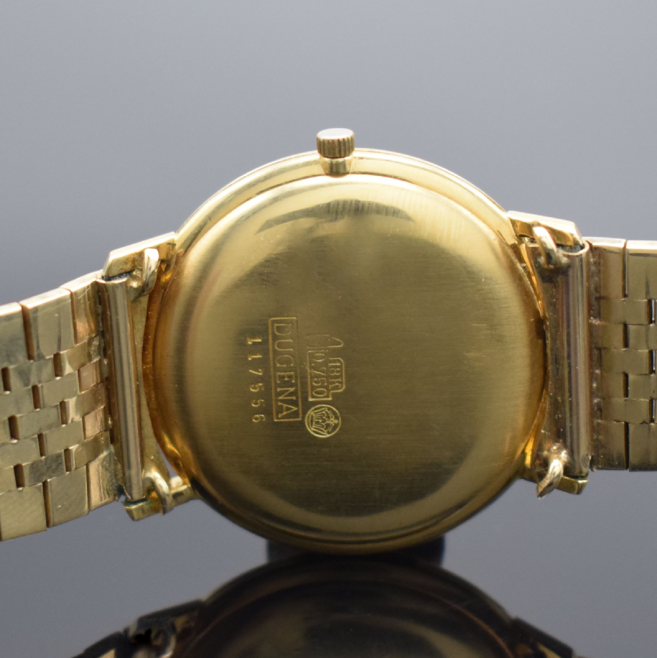 Detail c: DUGENA Herrenarmbanduhr Modell Super in GG 750/000, Schweiz um 1965, Automatik m. Microrotor, Boden aufgedr., neutr. GG 585/000 Band, silb. Zifferbl. ...