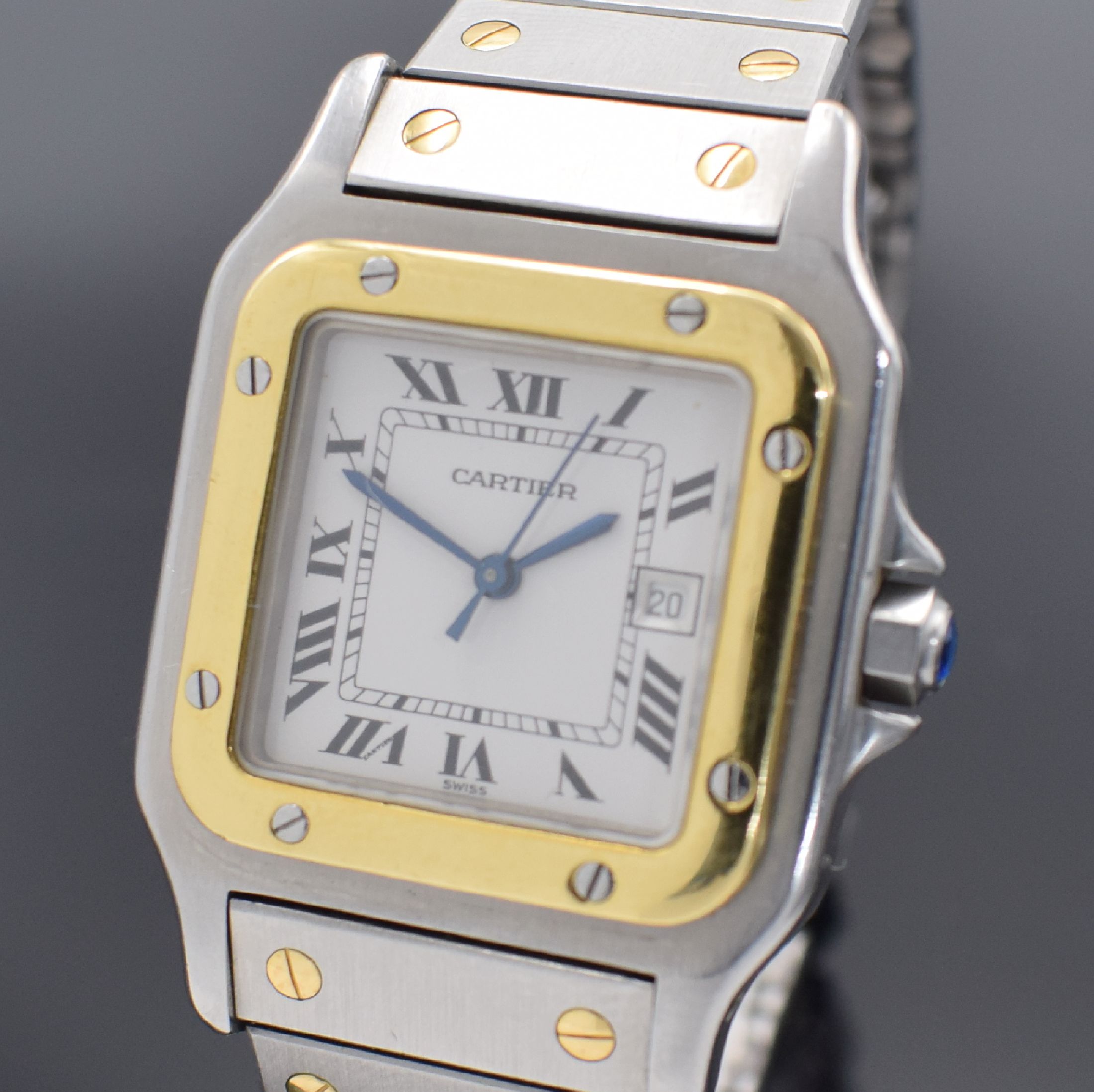 Detail a: CARTIER Armbanduhr Serie Santos in Edelstahl/ GG 750/000 kombiniert, Schweiz um 1990, Automatik, Stülpgehäuse, Goldlünette 8-fach verschr., ...