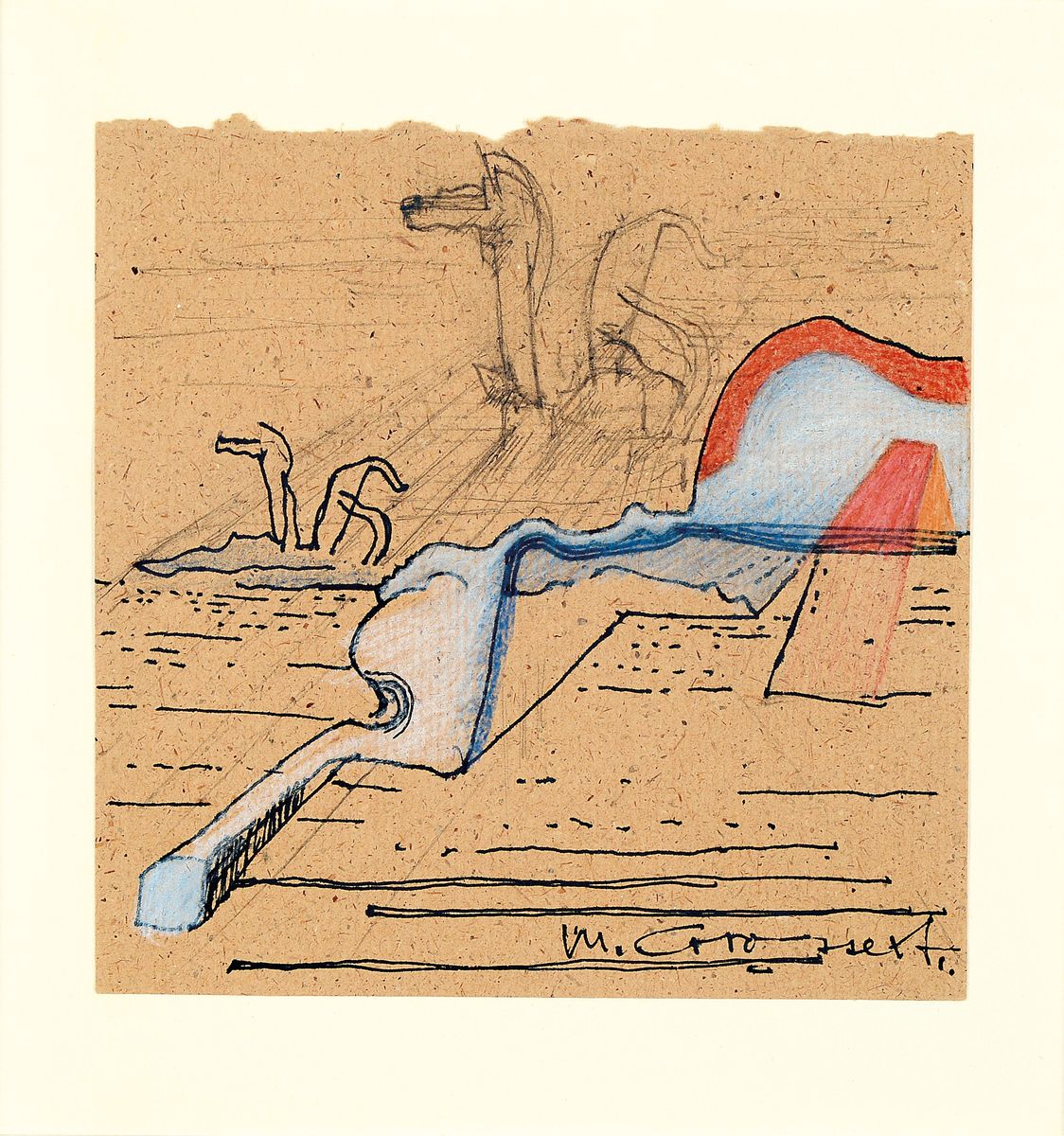 Michael Croissant, 1928 Landau/Pfalz-2002 München, Zeichnung in Tusche, Bleistift und Buntstift auf braunem Papier, wohl Skizze zu einer Skulptur, ...